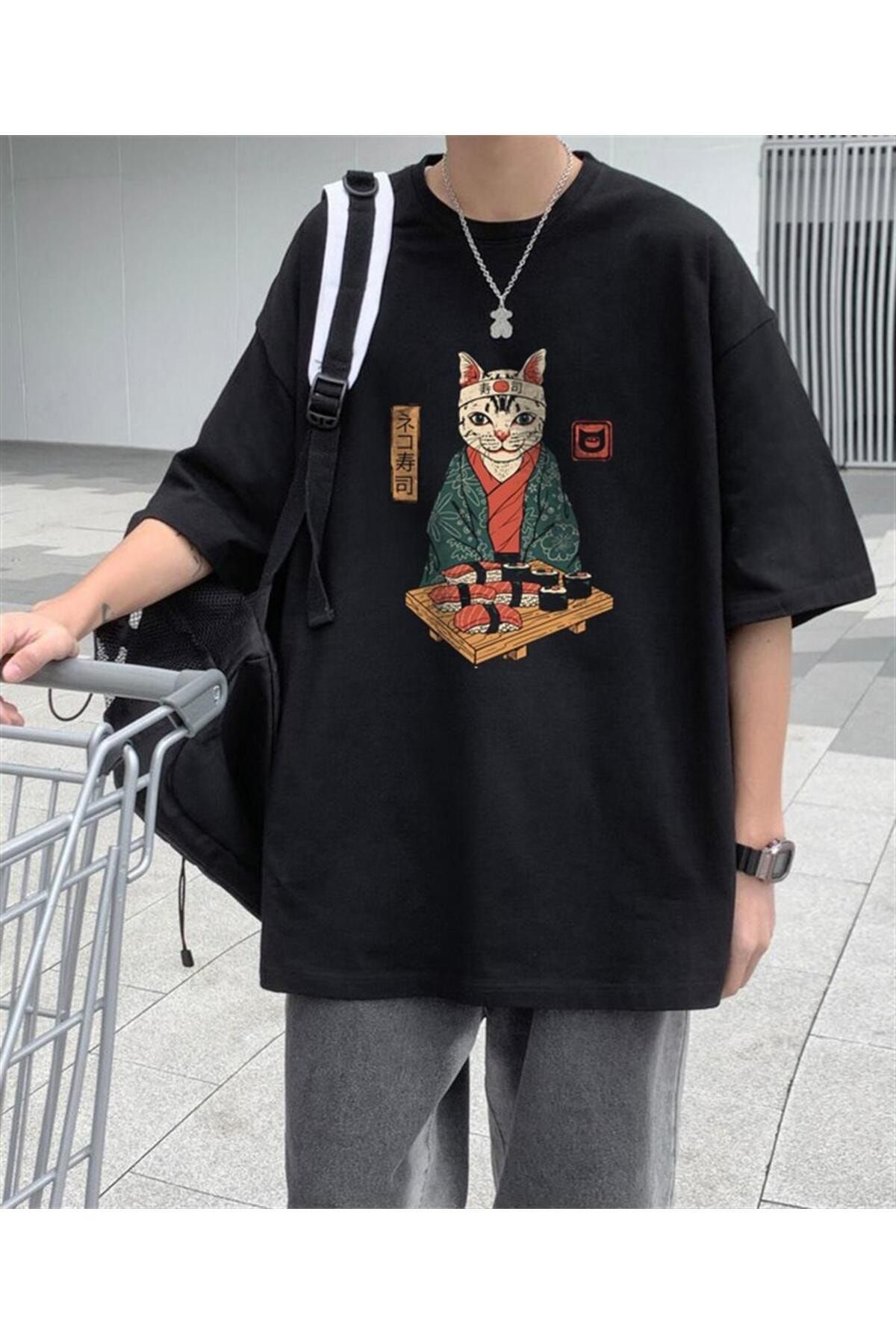 Touz zolid wear Sushi Cat Siyah Unisex Oversize T-shirt