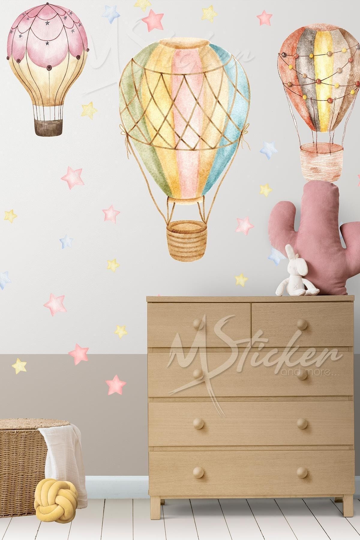 MSticker Pembe Tonlarda Uçan Balonlar Ve Yıldızlar Çocuk Bebek Odası Duvar Sticker Seti