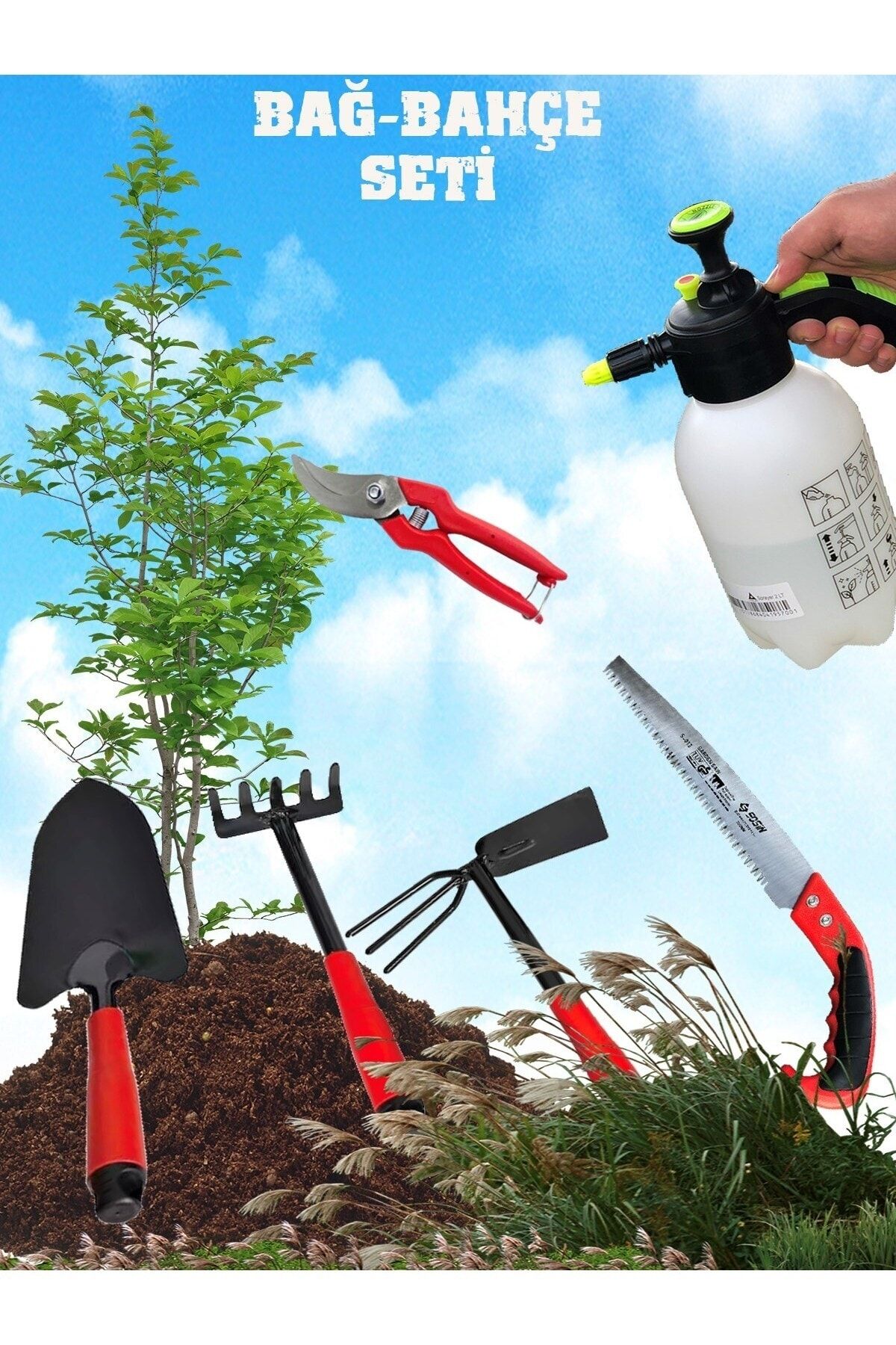 Anadolu Strong Bağ Bahçe Seti 6'lı Set Tırmık Kürek Çapa Testere Bağ Makası İlaçlama Pompası Seti