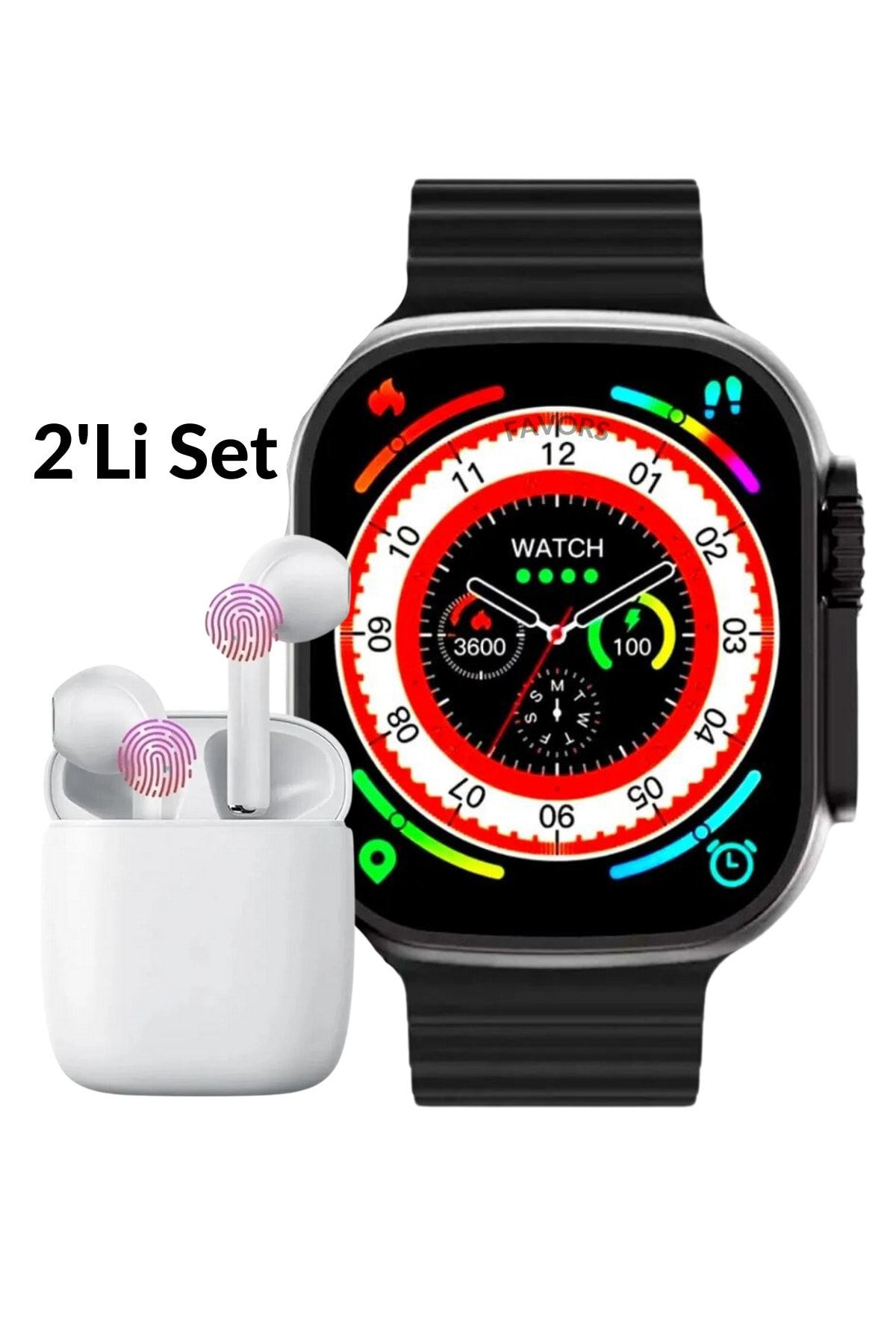 Favors Watch 8 Akıllı Saat Siyah T800 Ultra & Bluetooth Kulaklık İos Android Uyumlu İkili Fırsat Seti