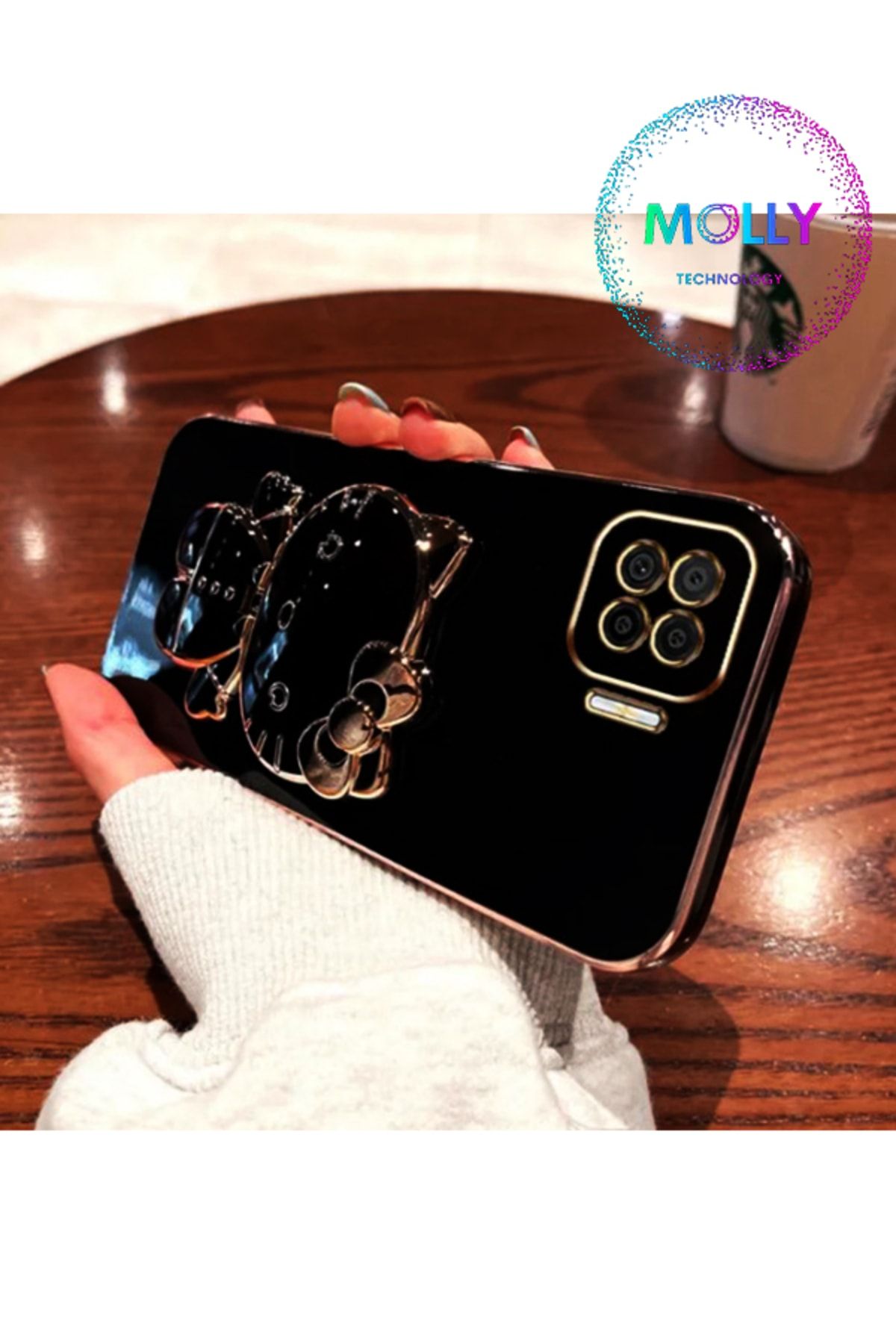 Molly Technology Oppo Reno 4 Lite İçin Siyah Hello Kitty Standlı Kenarları Gold Detaylı Lüks Silikon Kılıf