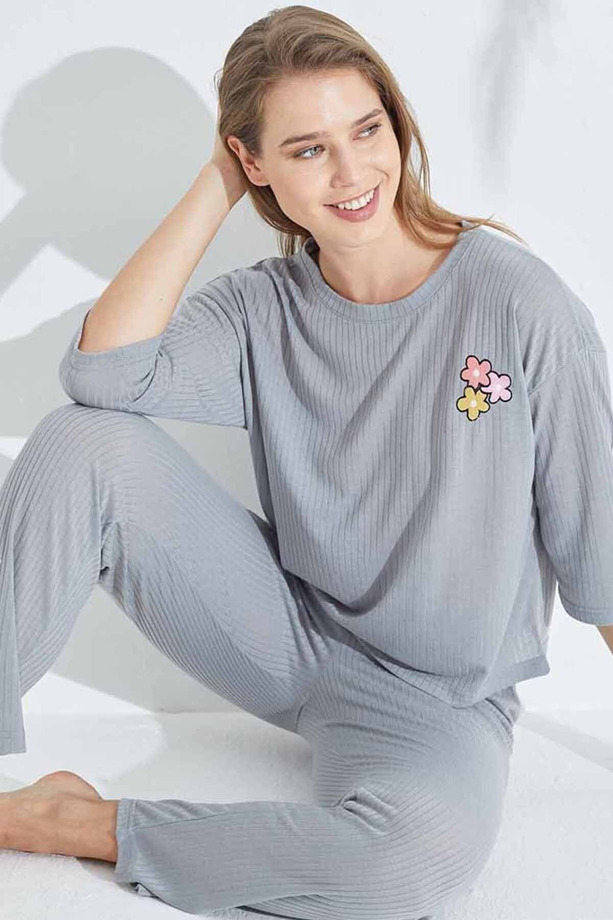 Siyah İnci gri Soft Touch İnce Örme Nakışlı Pijama Takım
