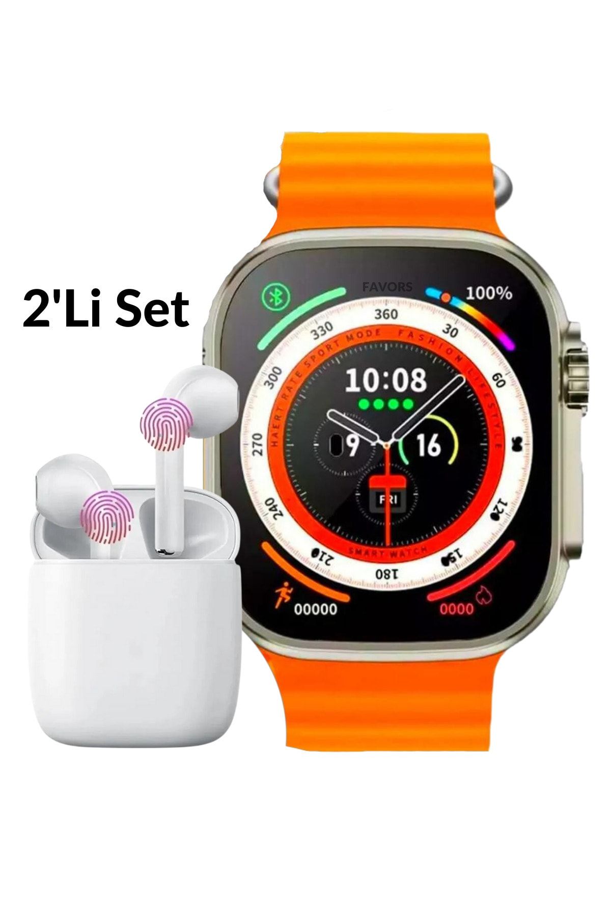 Favors Watch 8 Akıllı Saat Turuncu T800 Ultra & Bluetooth Kulaklık İos Android Uyumlu İkili Fırsat Seti