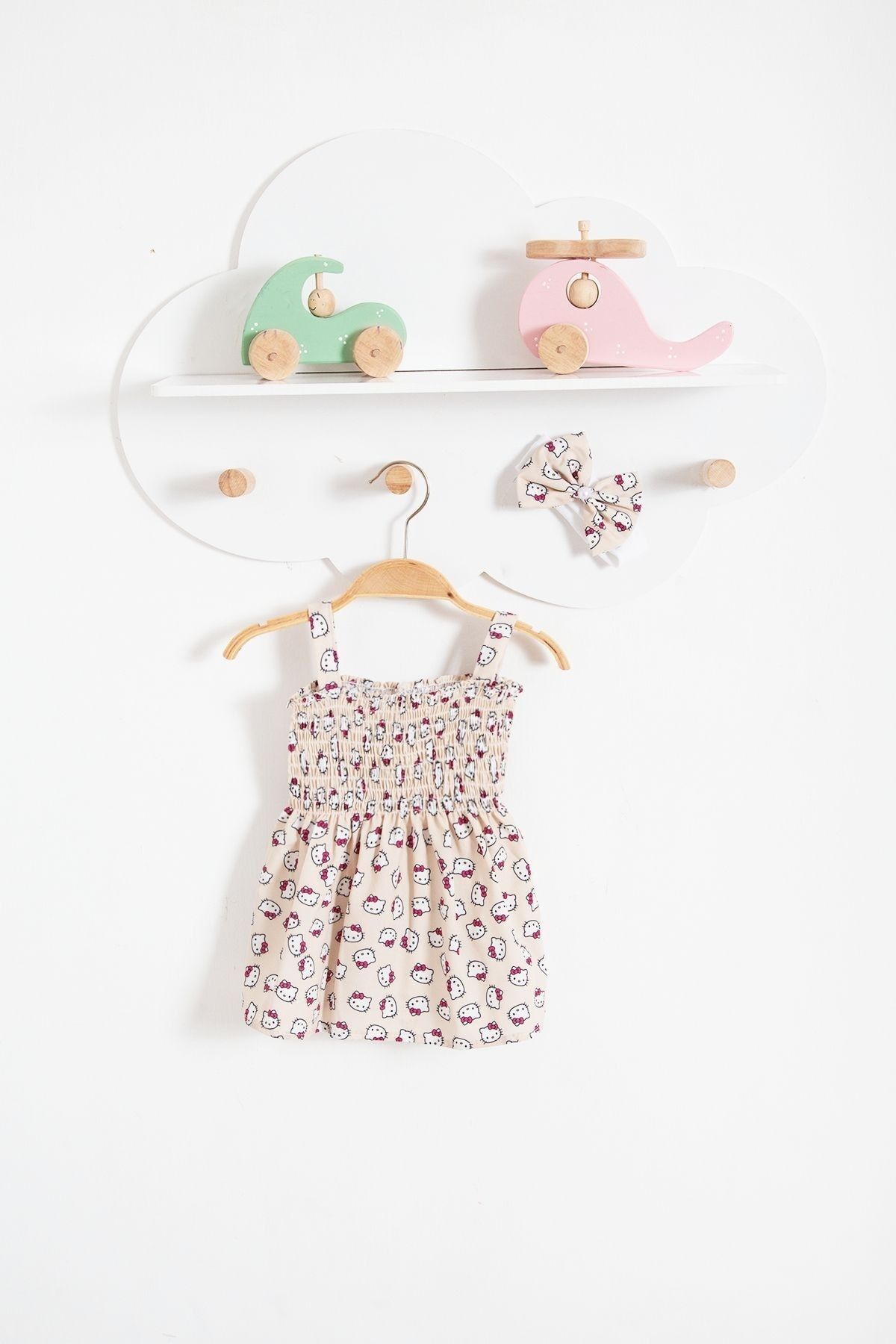 Bubito Hello Kitty Görselli Bandanalı Yazlık Bebek Elbise-Bej