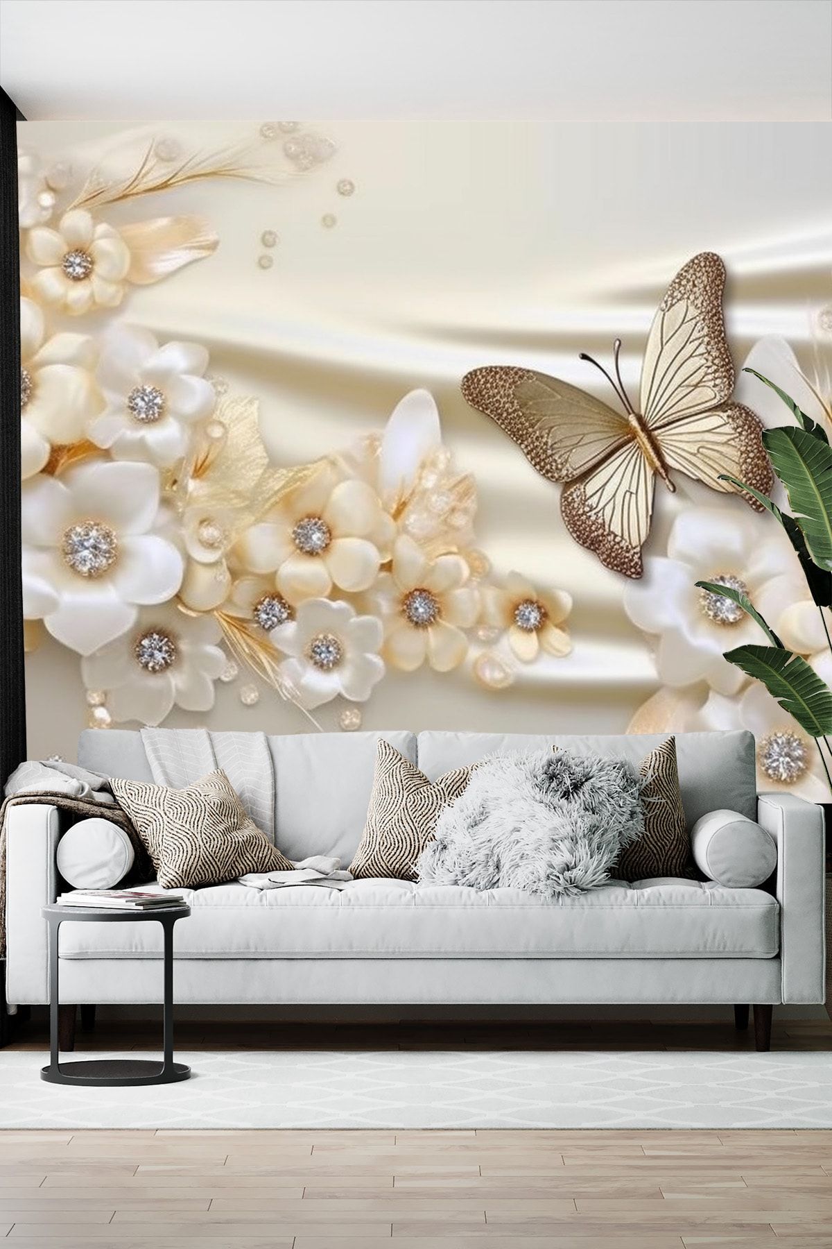 Dekoros 3 Boyutlu Taşlı Çiçekler Duvar Kağıtları, Krem Tonları Kelebekli Poster, Oturma Odası, Tv Arka Planı