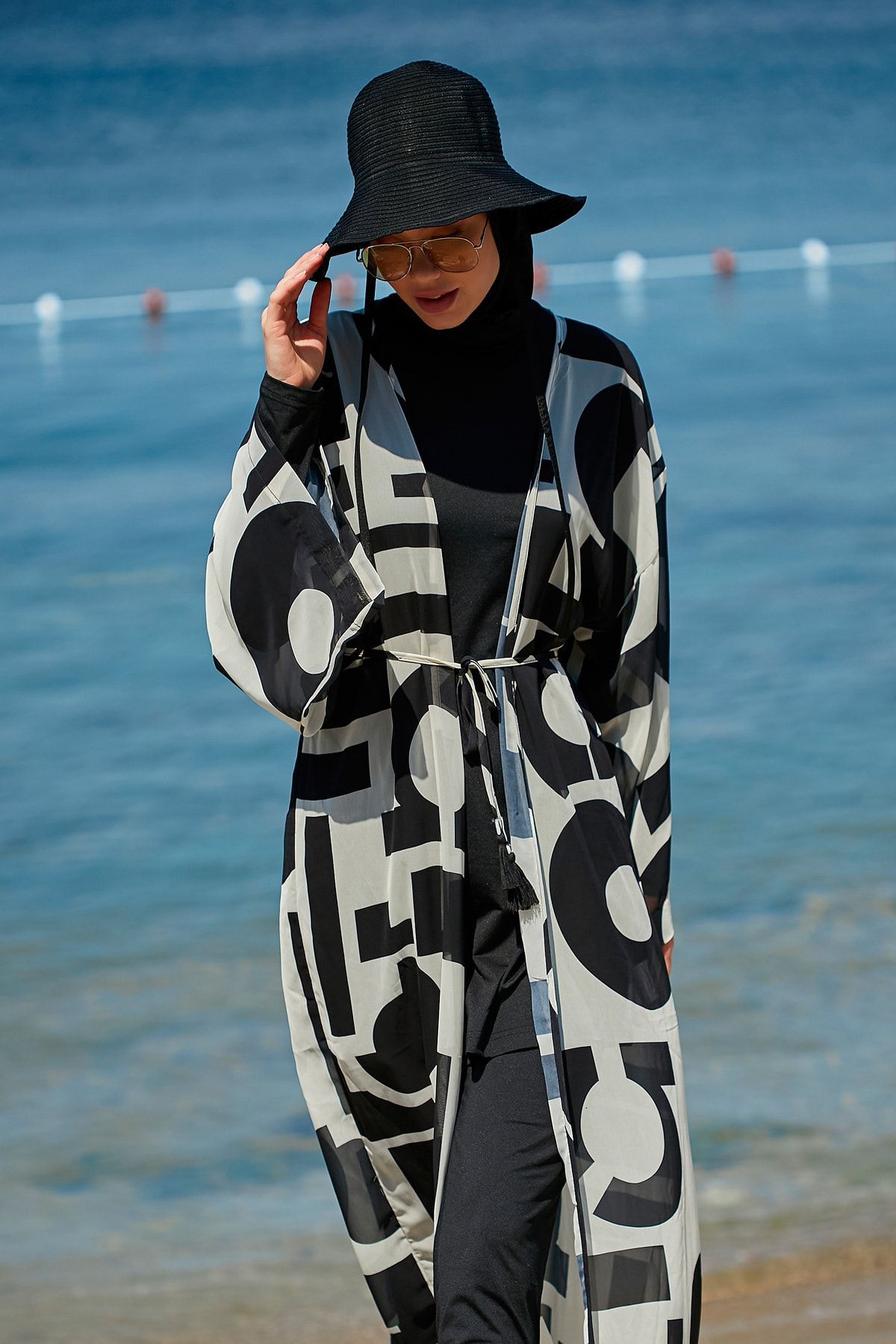 Marina Geometrik Siyah Kimono Kaftan P2337