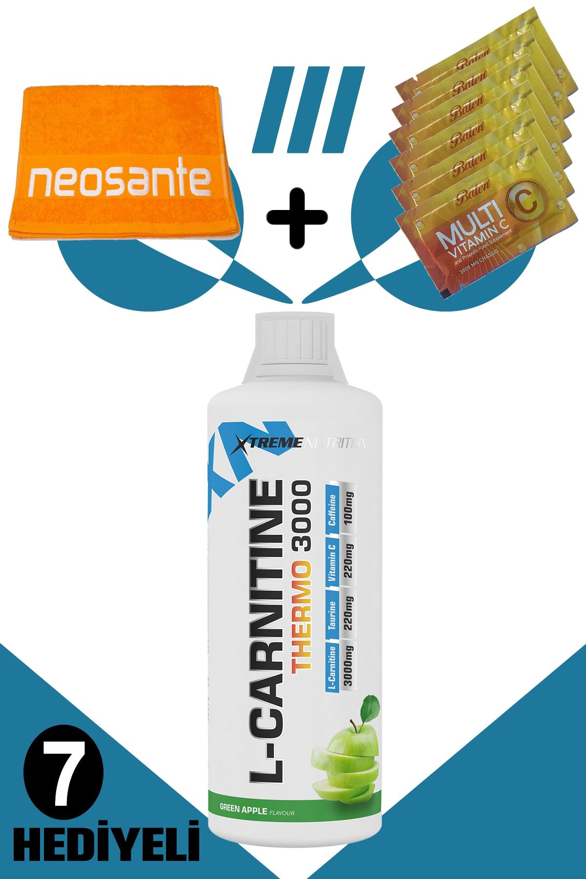 Xtreme Nutrition Xtreme Thermo L-Carnitine 3000 mg 1000 ml (Yeşil Elmalı) + 7 Hediyeli (Havlu + 6 Adet Multi C Saşe)