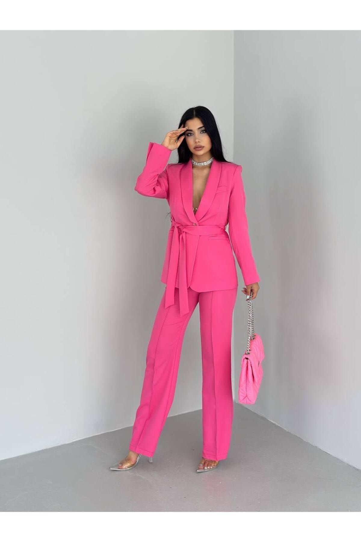 han fashion Bağlamalı Sahte Cepli Kemerli Şal Yaka Blazer Ceket Boru Paça Esnek Pantolon Takım Elbise
