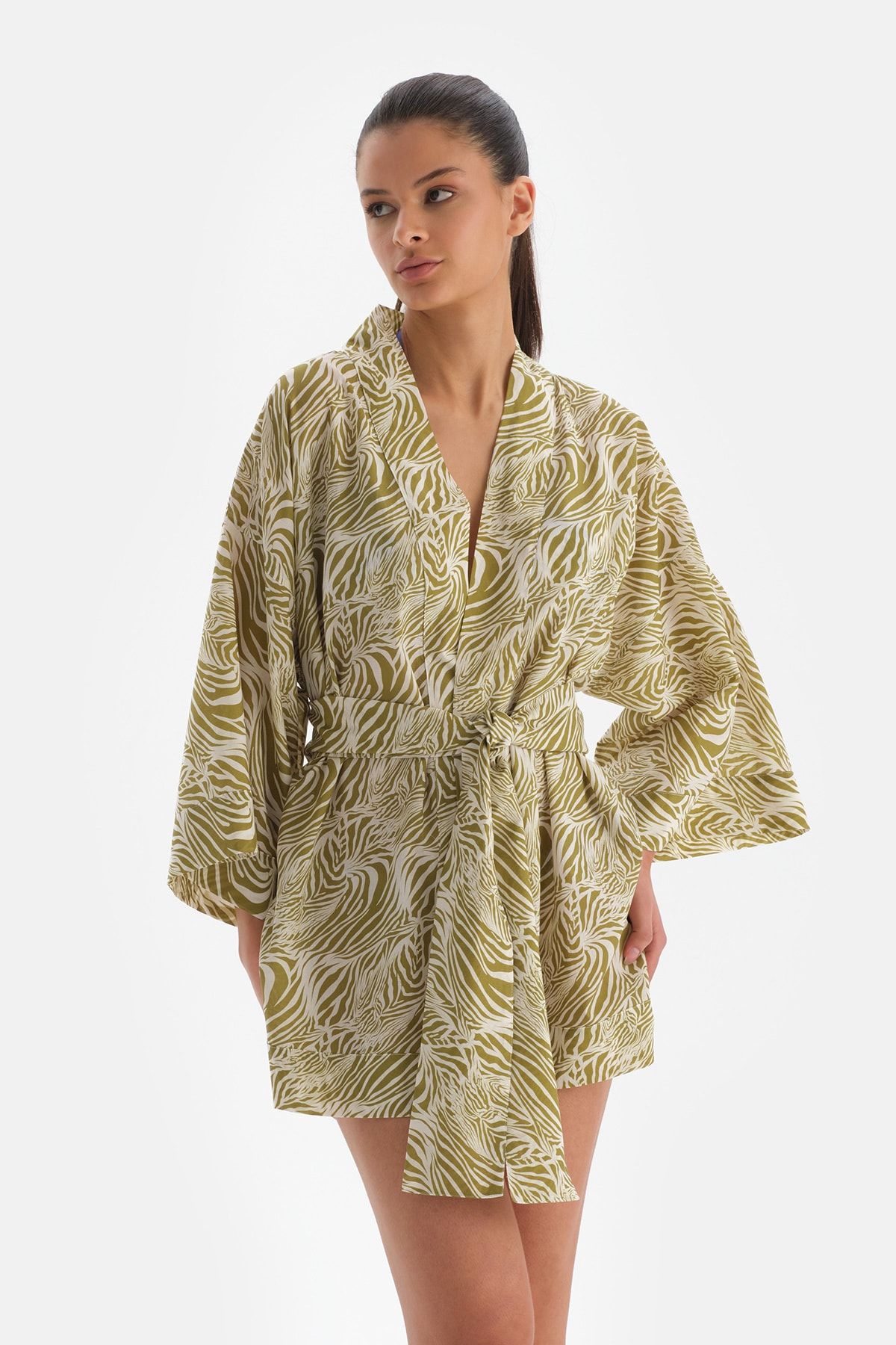 Dagi Yeşil-Beyaz Pamuklu Kimono