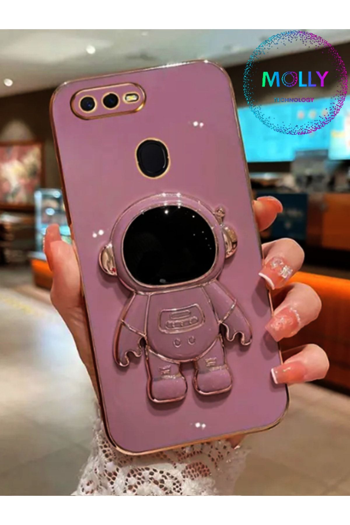 Molly Technology Huawei P Smart 2018 İçin Lila Astronot Standlı Kenarları Gold Detaylı Lüks Silikon Kılıf