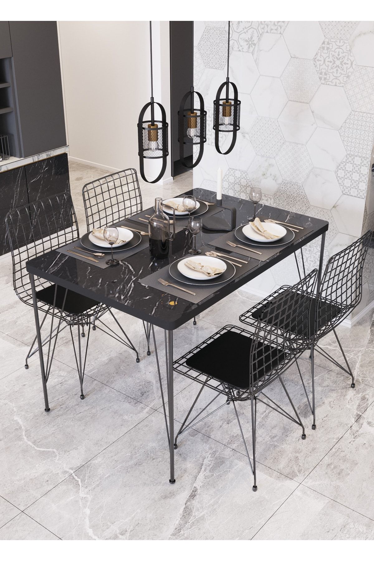 Avvio 60x120 Sera Yemek Masası Takımı-mutfak Masası-balkon Masa Takımı -siyah Mermer Desenli