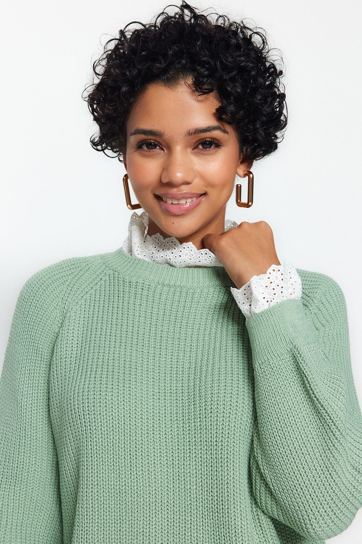 TRENDYOL MODEST Mint Güpür Detaylı Selanik Triko Kazak TCTAW24AK00126