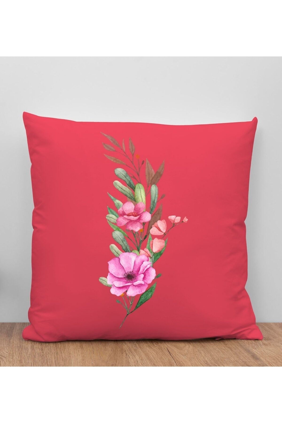 Bk Gift Çiçek Tasarımlı Kırmızı Kırlent Yastık, Arkadaşa , Ev Dekorasyonu