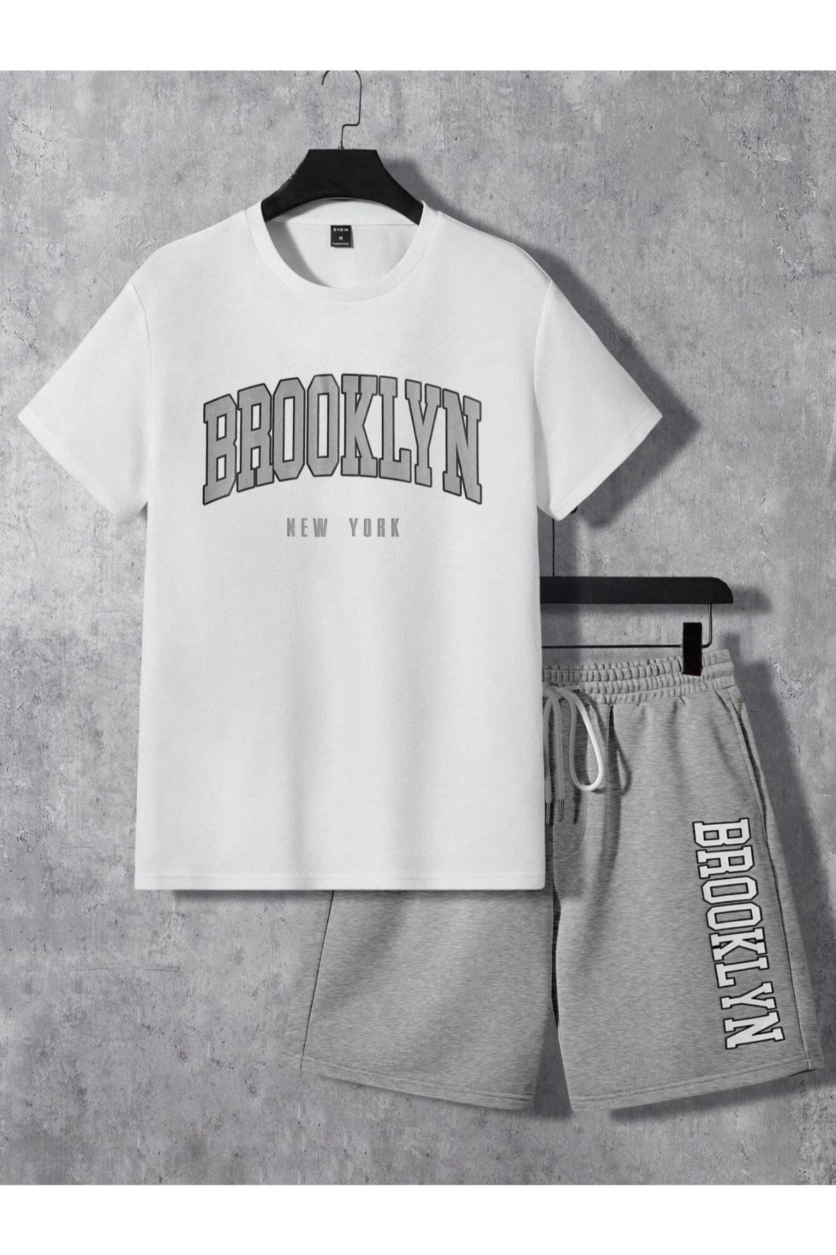 MODARİCH Brooklyn New York Beyaz T-Shirt Gri Şort - Şortlu Tişört Alt Üst Takım Baskılı Bisiklet Yaka