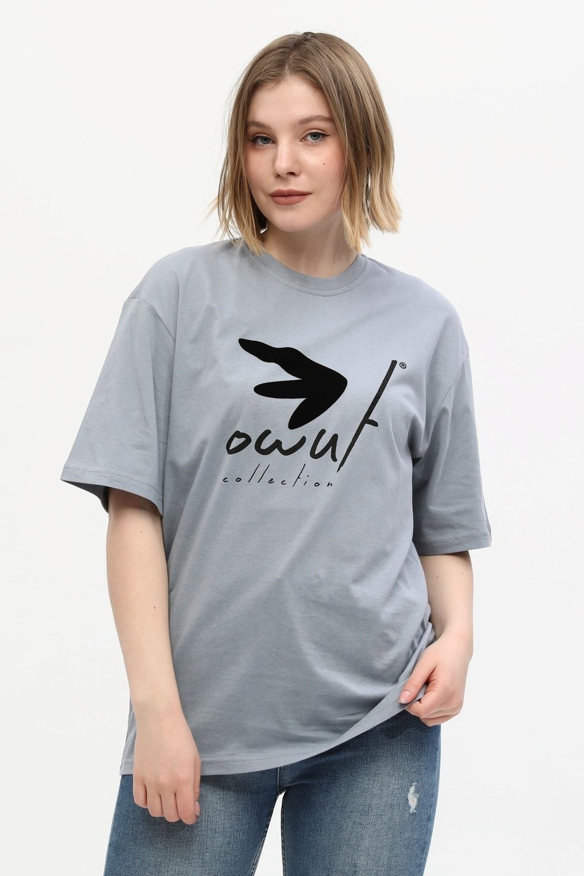 Owut Collection %100 Pamuk Bisiklet Yaka Baskılı Oversize Örme T-shirt