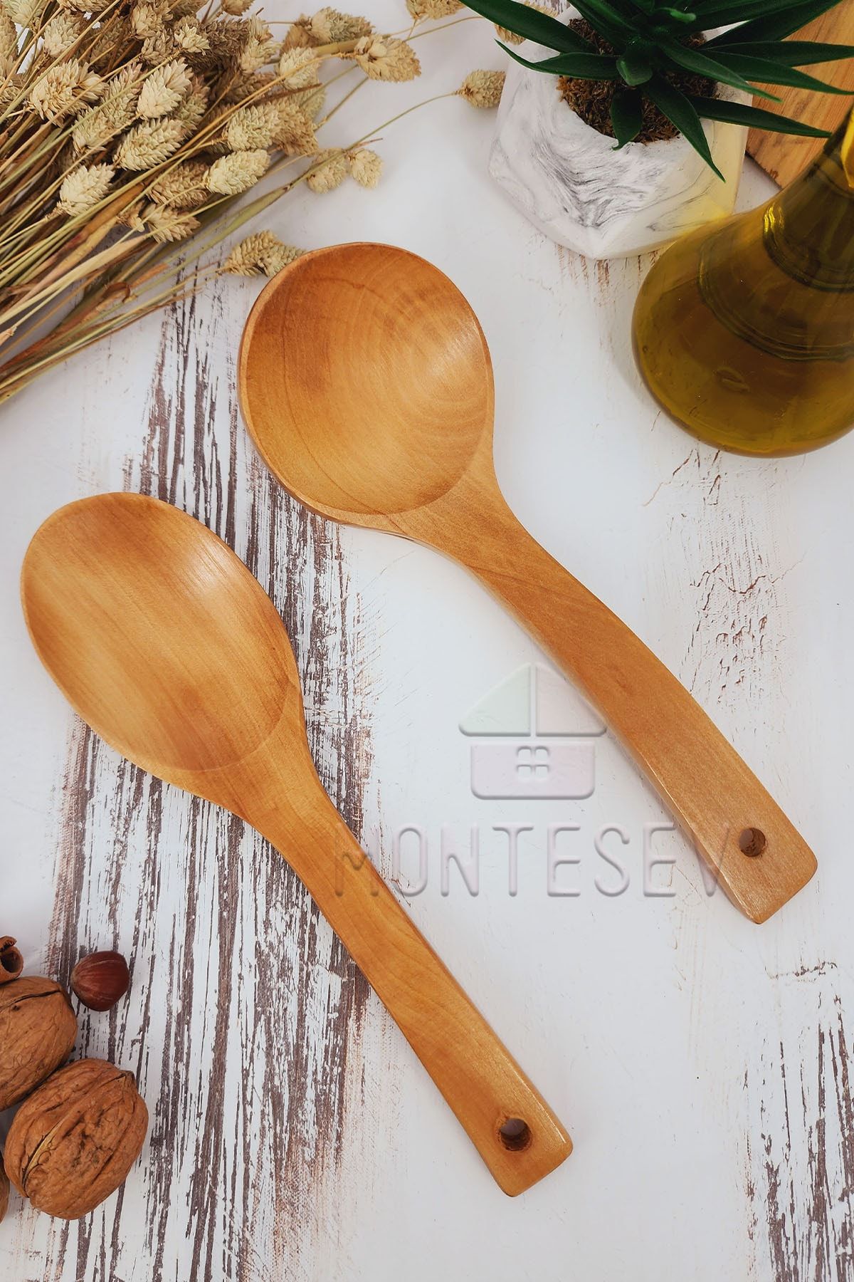 MONTESEV Ahşap Tahta Mutfak Kaşık Seti 2 Parça Kayın , Şimşir Ve Bambu Ağacı Ağaç Kaşık