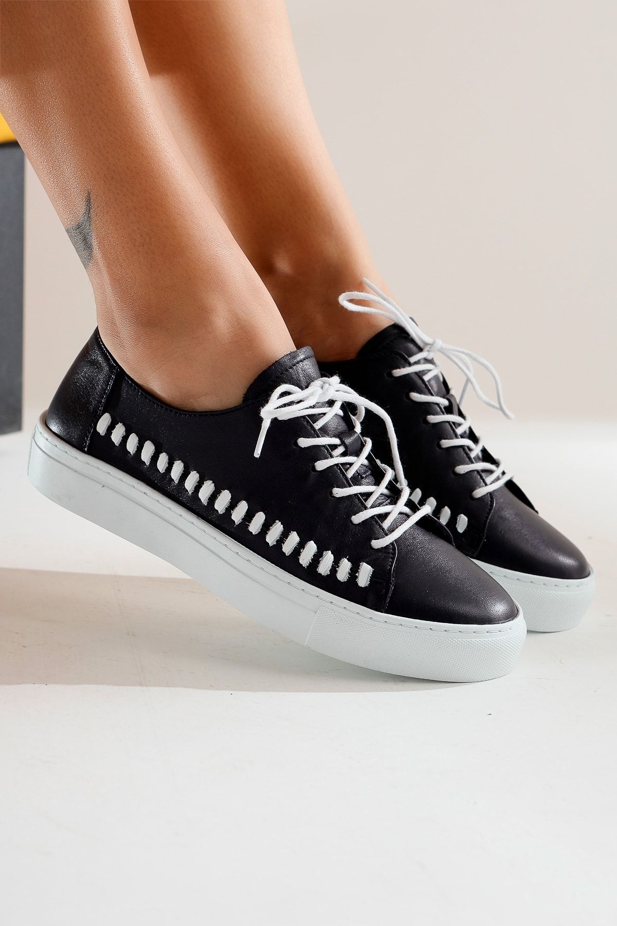 Limoya Hakiki Deri Esta Lacivert Bağcıklı Sneakers Spor Ayakkabı