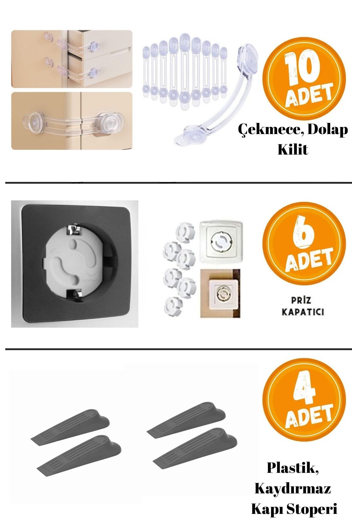 Miningaa Çocuk Bebek Güvenlik Emniyet Seti, 10 Çekmece Dolap Kilidi, 4 Kapı Stoperi, 6 Priz Koruyucu 3'LÜ SET