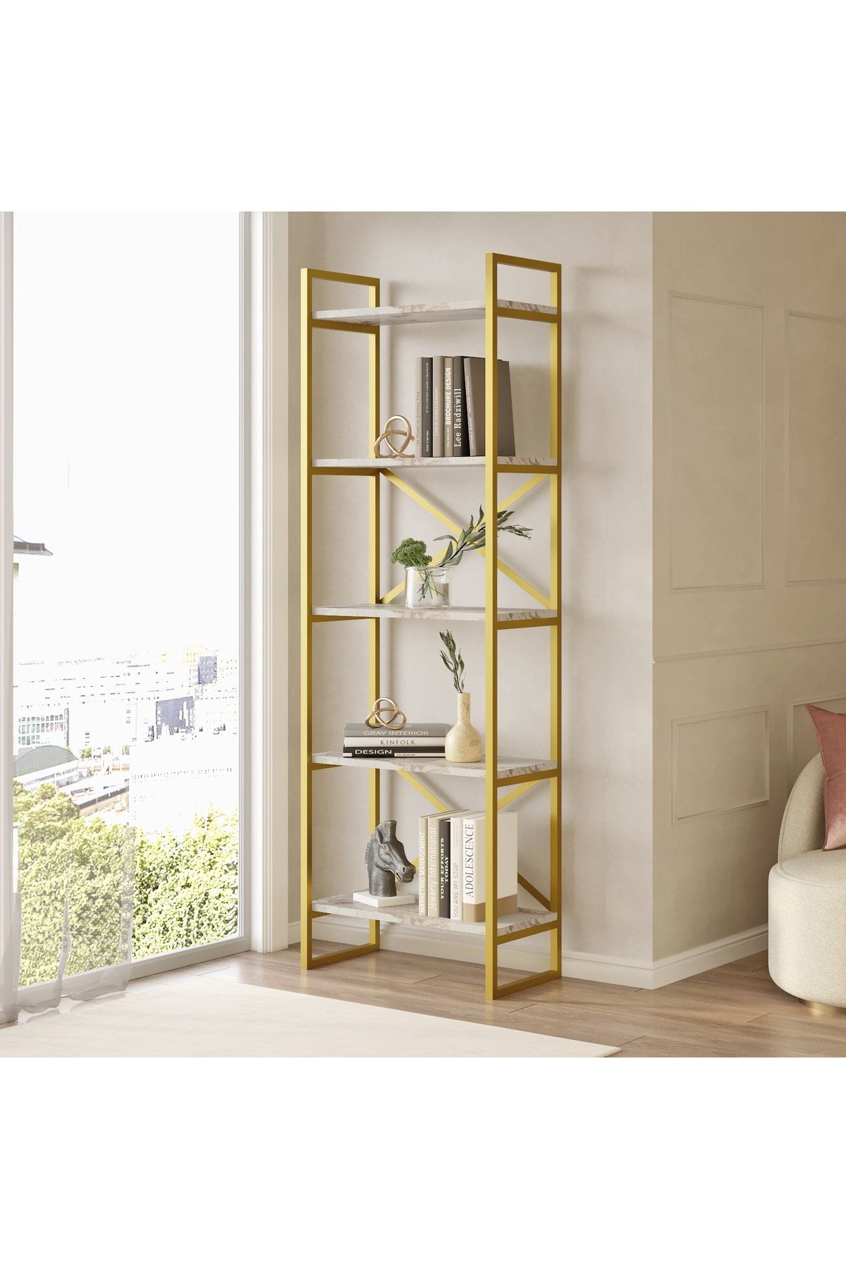 Yurudesign Voyage Gold Metal Kitaplık 5 Raflı 175cm Mermer Desen VG3-GE