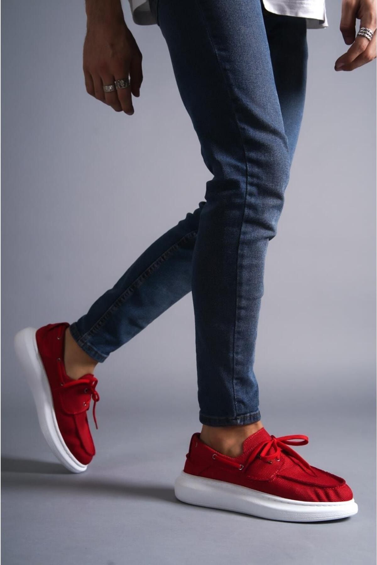 Joy Man J009 Bağcıklı Ortopedik Taban Erkek Günlük Klasik Keten Ayakkabı BT Kırmızı