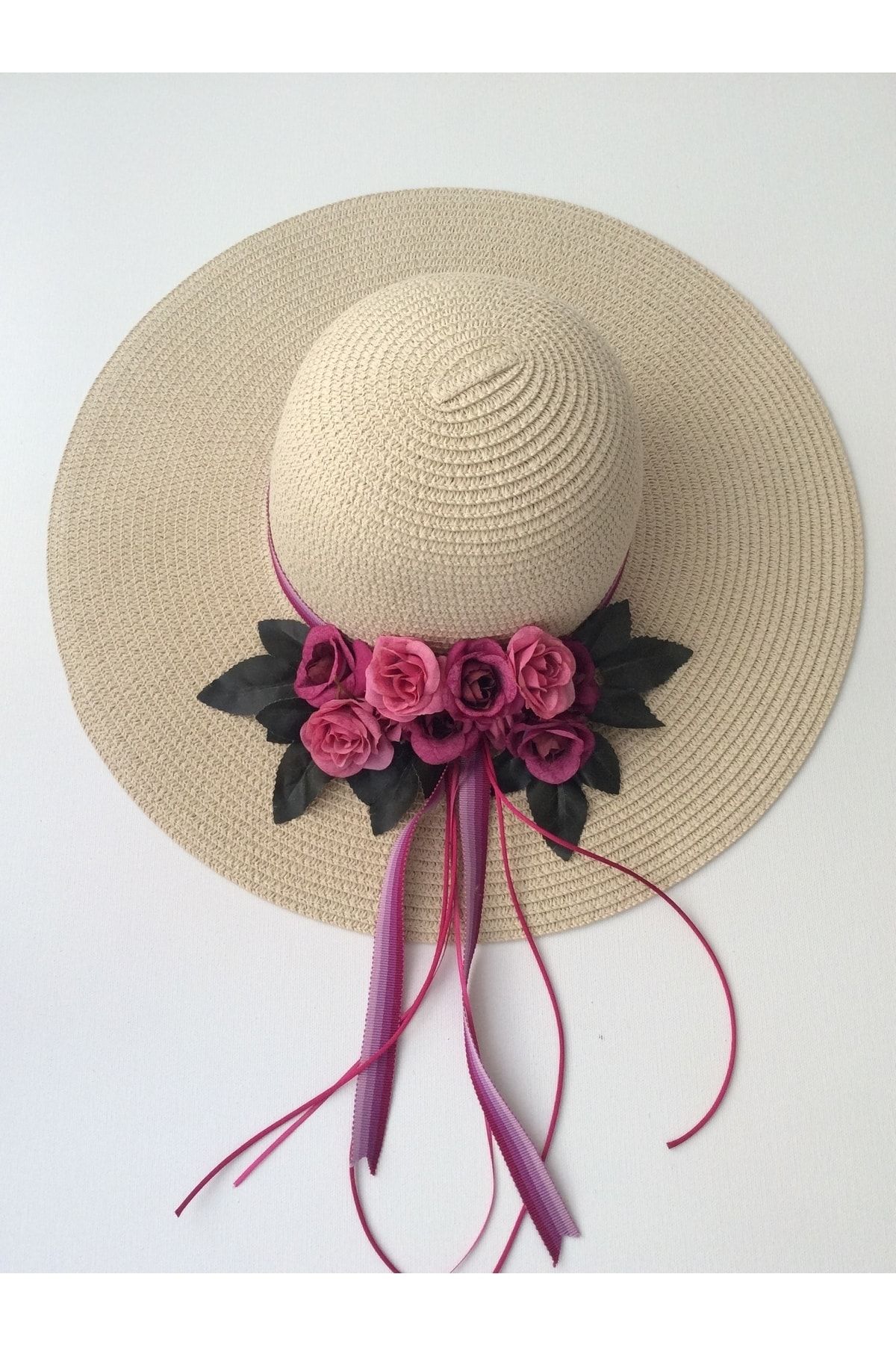 Yakamoz Çiçek Detaylı Kadın Aksesuar Tasarım Krem Renk Hasır Şapka