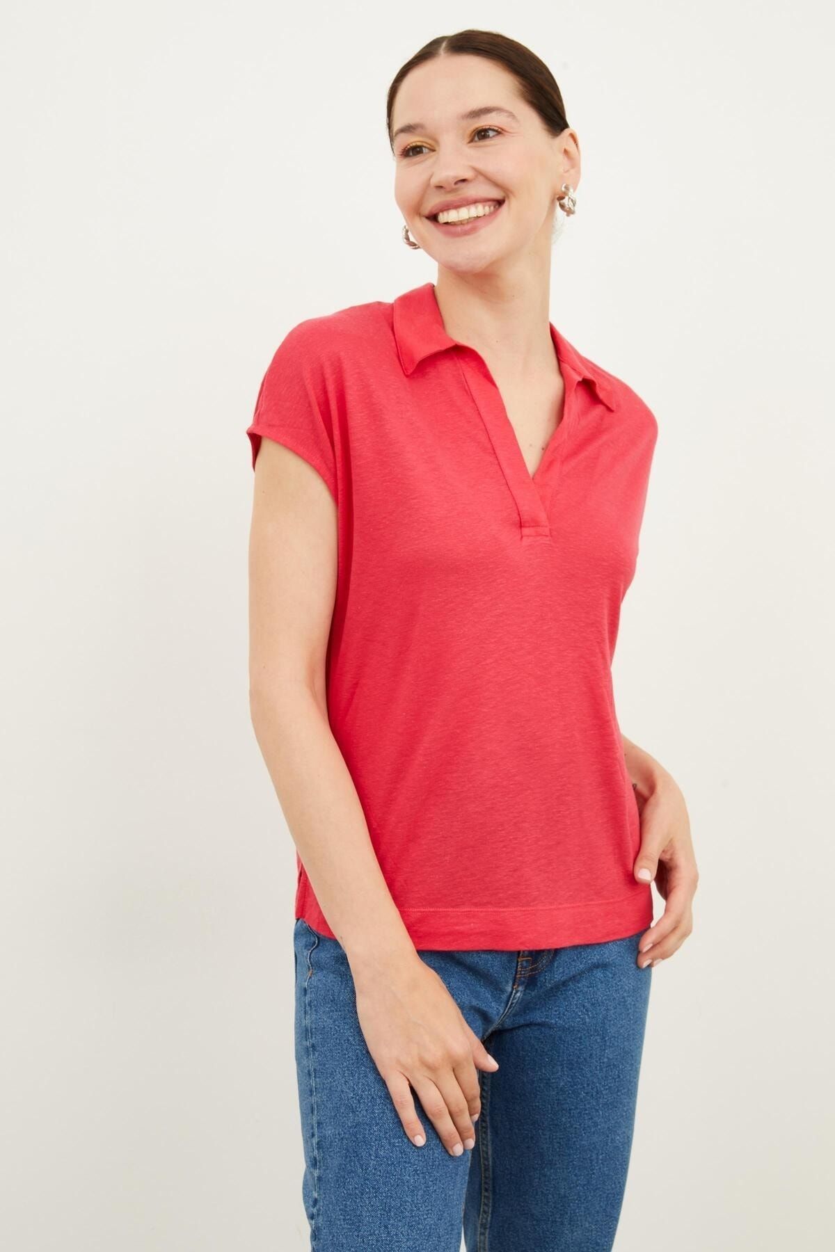 Hanna's Kadın Polo Yaka Japone Kısa Kollu Düz Renk Örme Pamuklu T-shirt