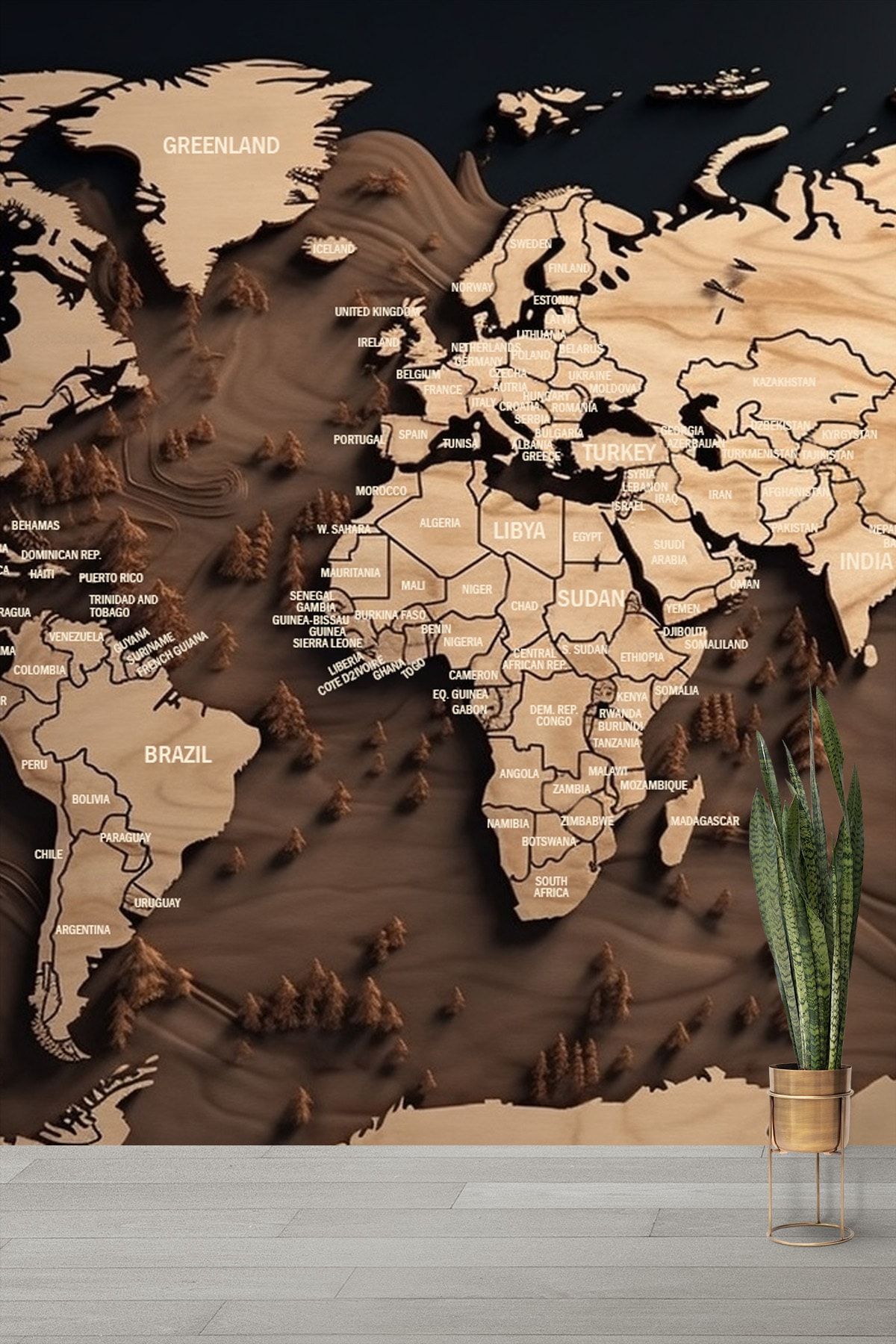 Dekoros Dünya Haritası Ülkeler Duvar Kağıdı, Tek Parça 3D Ahşap Görünümlü Harita Duvar Dekoru, Kolay Montaj