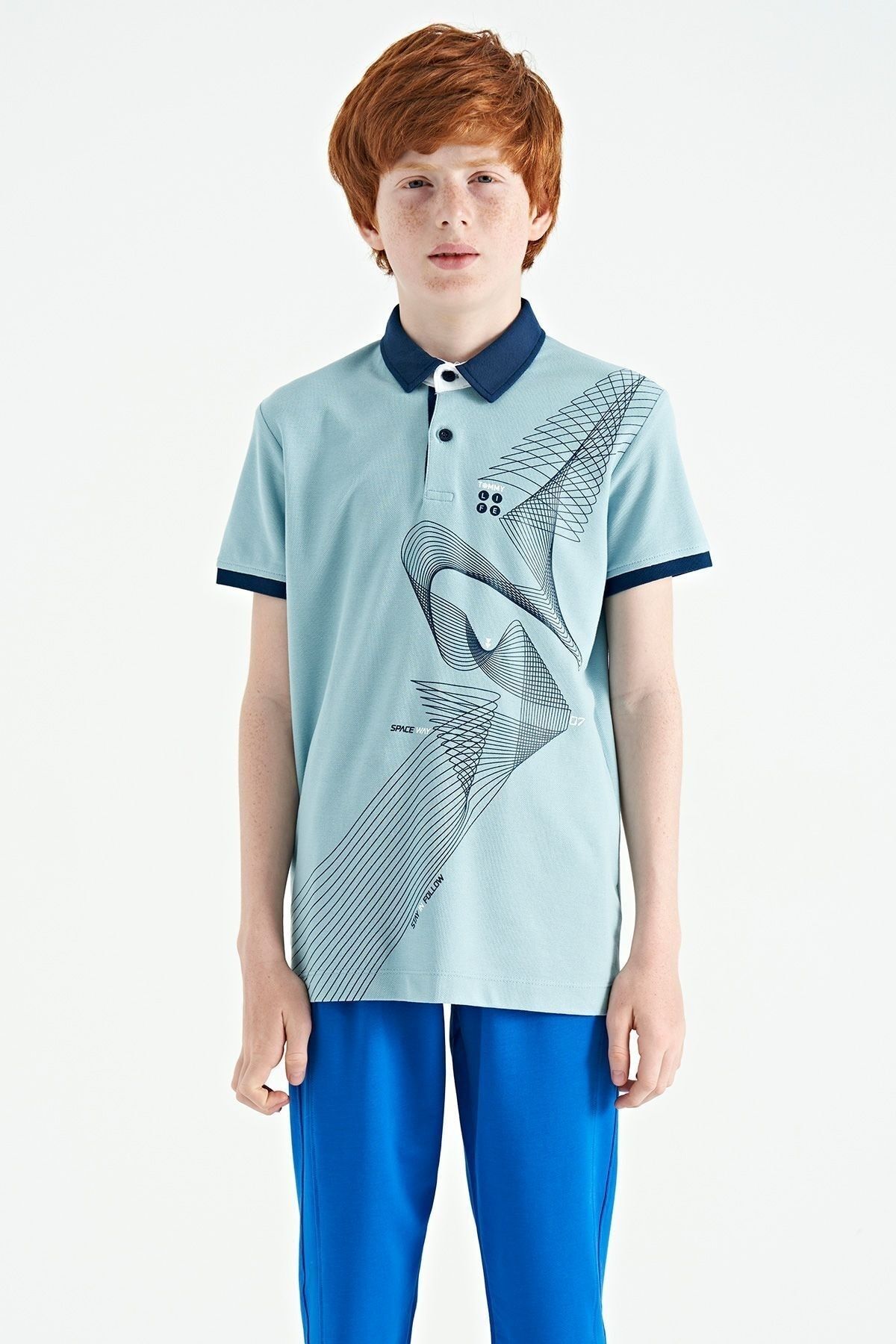 TOMMY LIFE Açık Mavi Baskı Detaylı Standart Kalıp Polo Yaka Erkek Çocuk T-Shirt - 11164