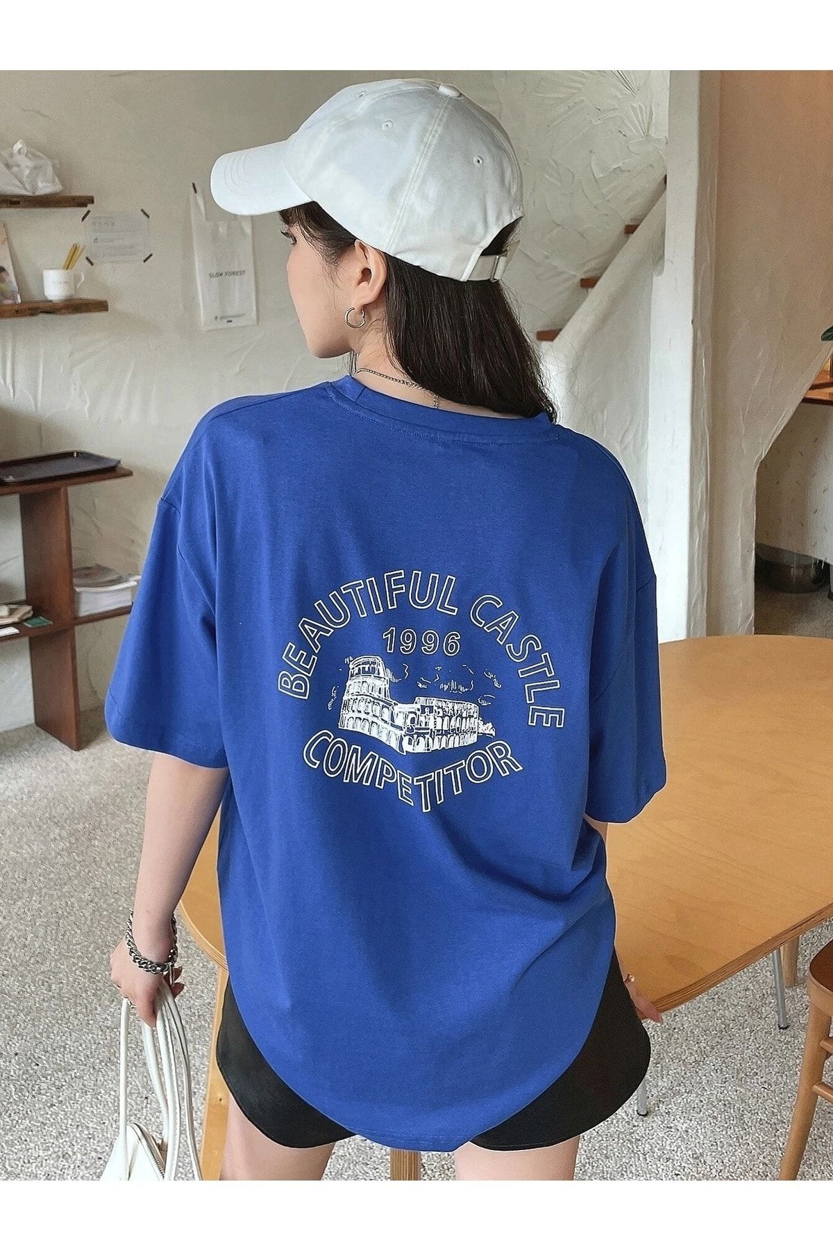 DUBU BUTİK Beatiful Castle T-Shirt - Sax Mavi Baskılı Oversize Bisiklet Yaka Kısa Kol