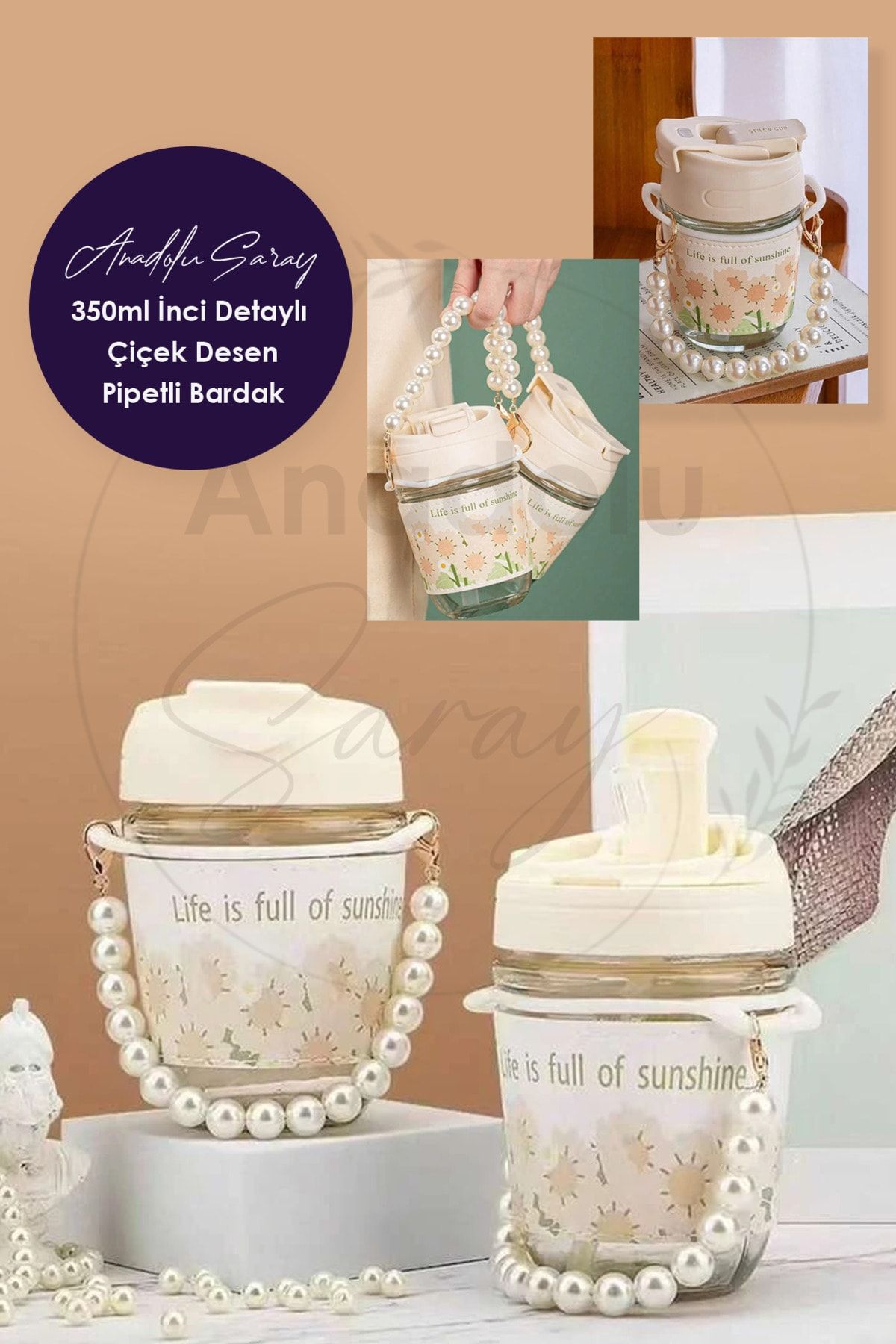 Anadolu Saray Çarşısı Isıya Dayanıklı Borosilikat inci Detaylı Çiçek Desen Pipetli Bardak | 350ml Kahve Ve Sunum Bardağı