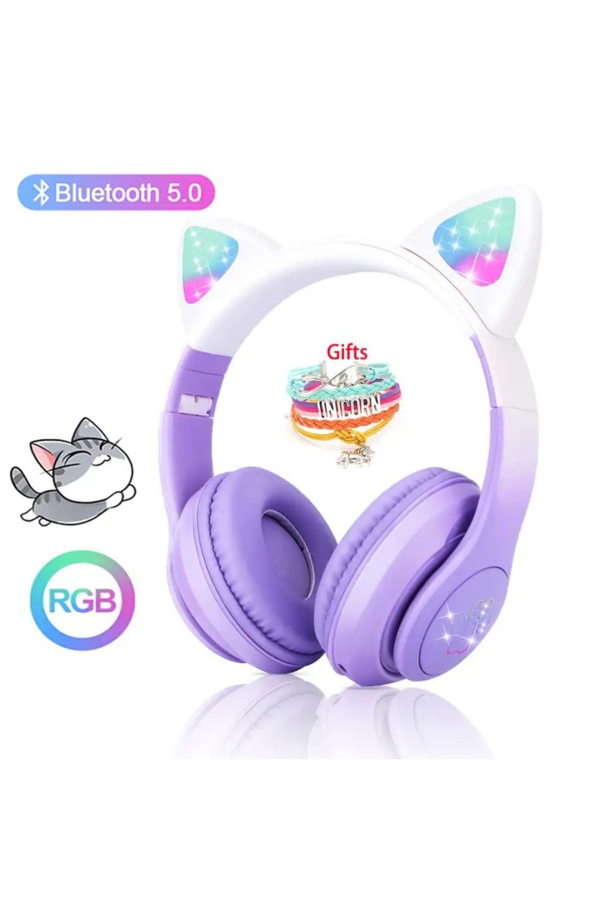 SKYLOONG Kedi Kulaklık Pro 5.3 Uyumlu Akıllı Rgb Led Detaylı Bluetooth Kablosuz Kulaklık Çocuk Oyuncu Yeni