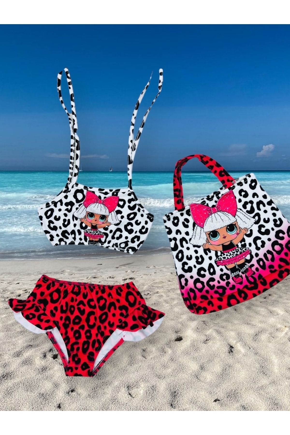 Lolliboomkids Kız Çocuk Mickey Bebek Baskı Detaylı Plaj Çantası Bikini Takımı