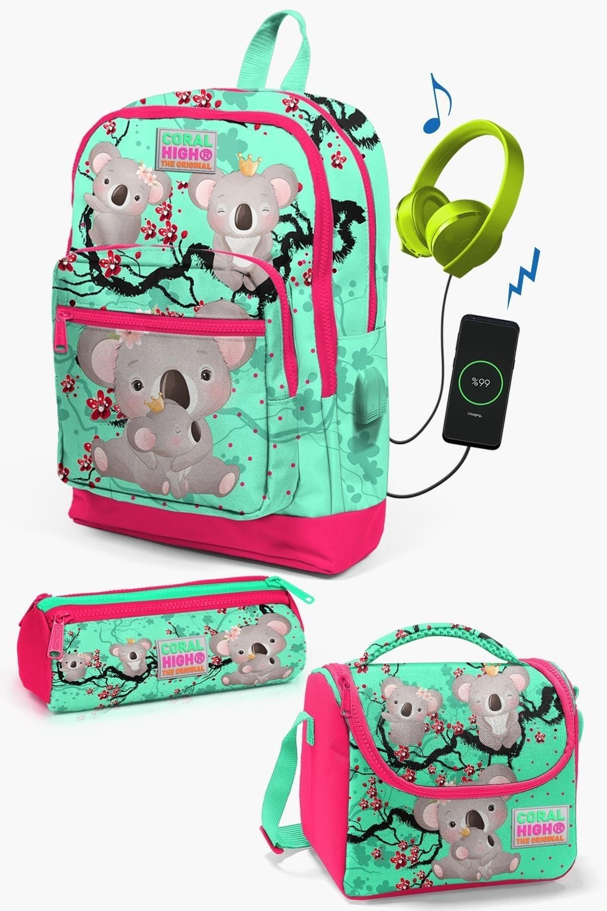 Coral High Kids Su Yeşili Neon Mercan Koala Desenli USB'li 3’lü Okul Çanta Seti SET0123813