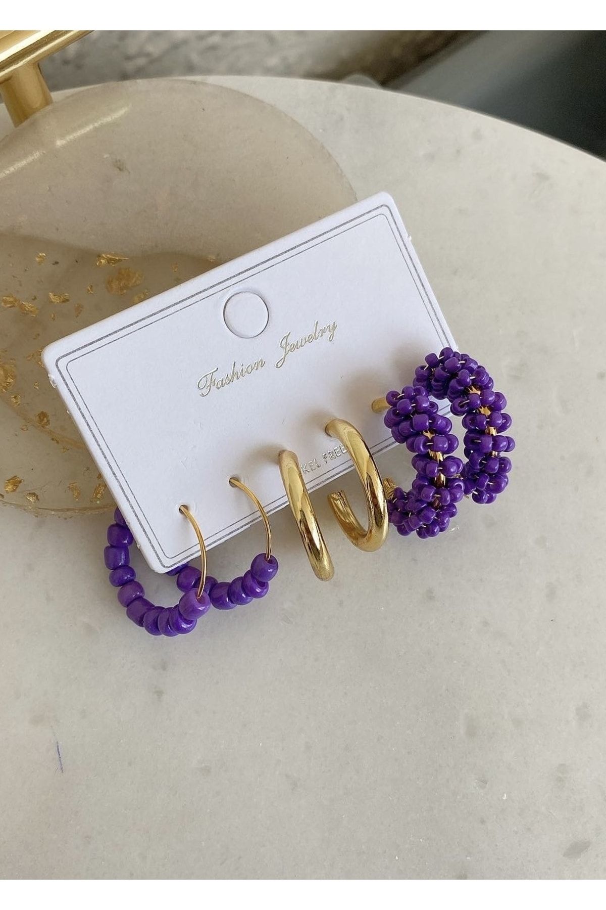 takıtarzım Mor kum boncuklu 3 lü set küpe