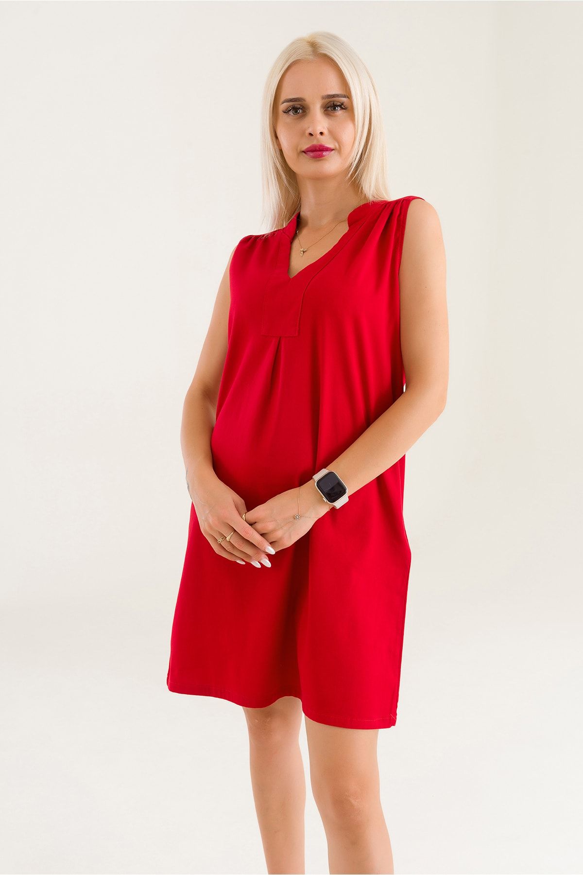 Bold & Young Kadın Kırmızı Renk Cepli Yıkanmış Pamuk Likralı Elbise