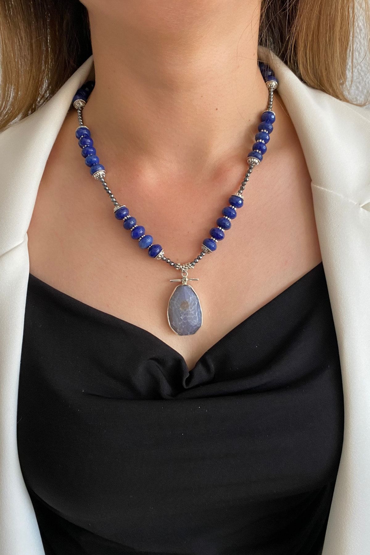 Suerte Accessories Lapis Lazuli ve Hematit Doğal Taş Kuvars Doğaltaş Uçlu 925 Ayar Gümüş El Yapımı Özel Tasarım Kolye