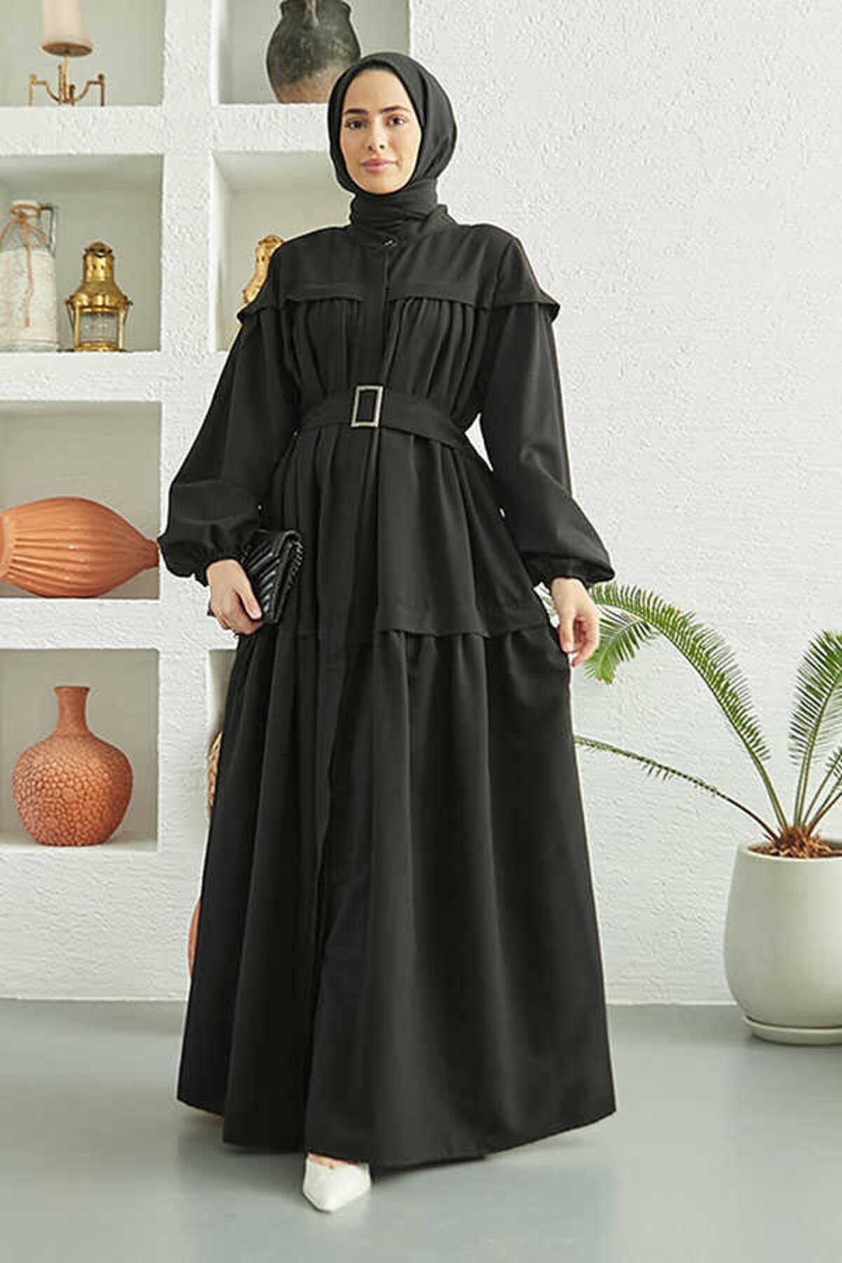 Neways 6605-Carla Büzgülü Kuşaklı Elbise Siyah