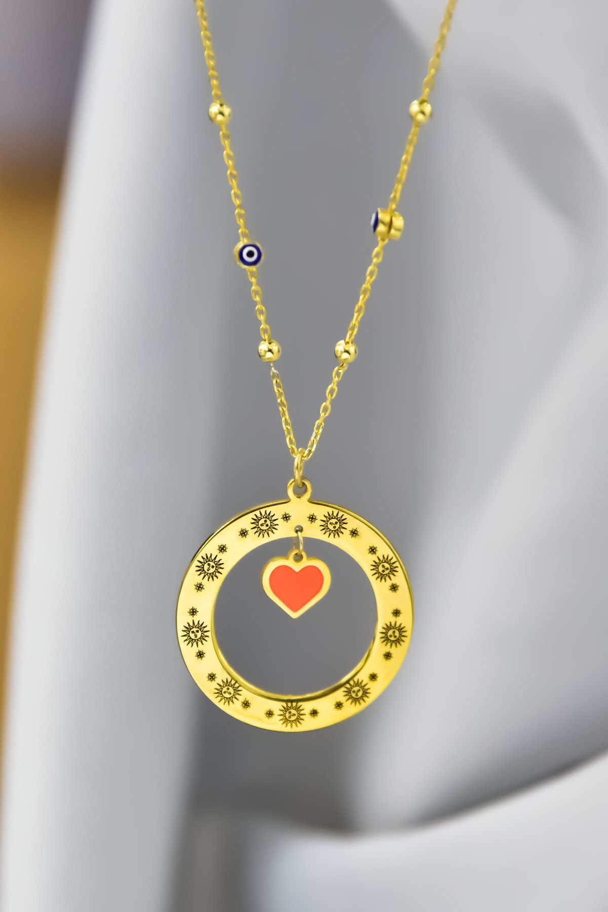 Papatya Silver 925 Ayar Gümüş Gold Kaplama Güneş Çerçeveli Mineli Kalp Sallantılı Nazar Mineli Göz Zincirli Kolye