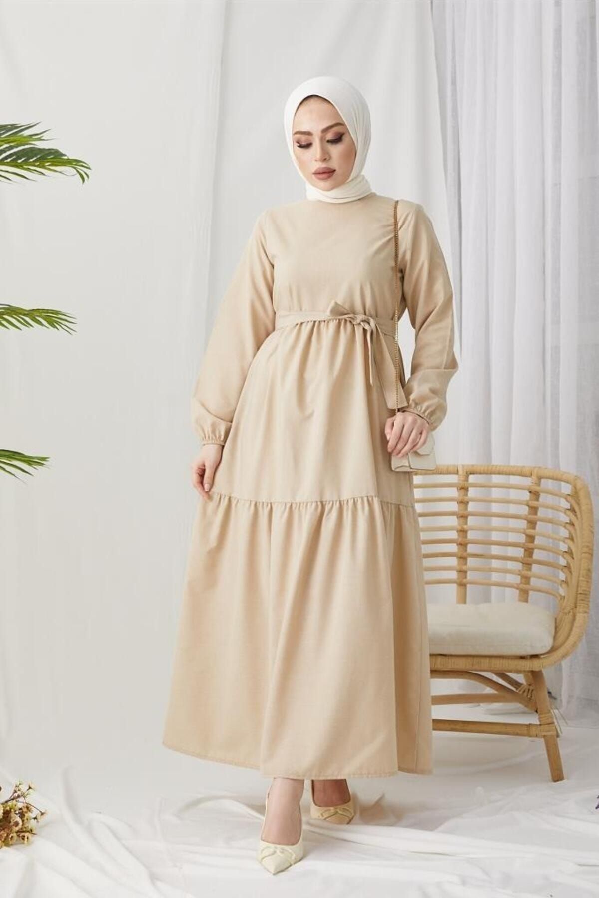 Zeyn 411 Sıfır Yaka Beli Kuşaklı Tesettür Elbise Taş Taş Rengi
