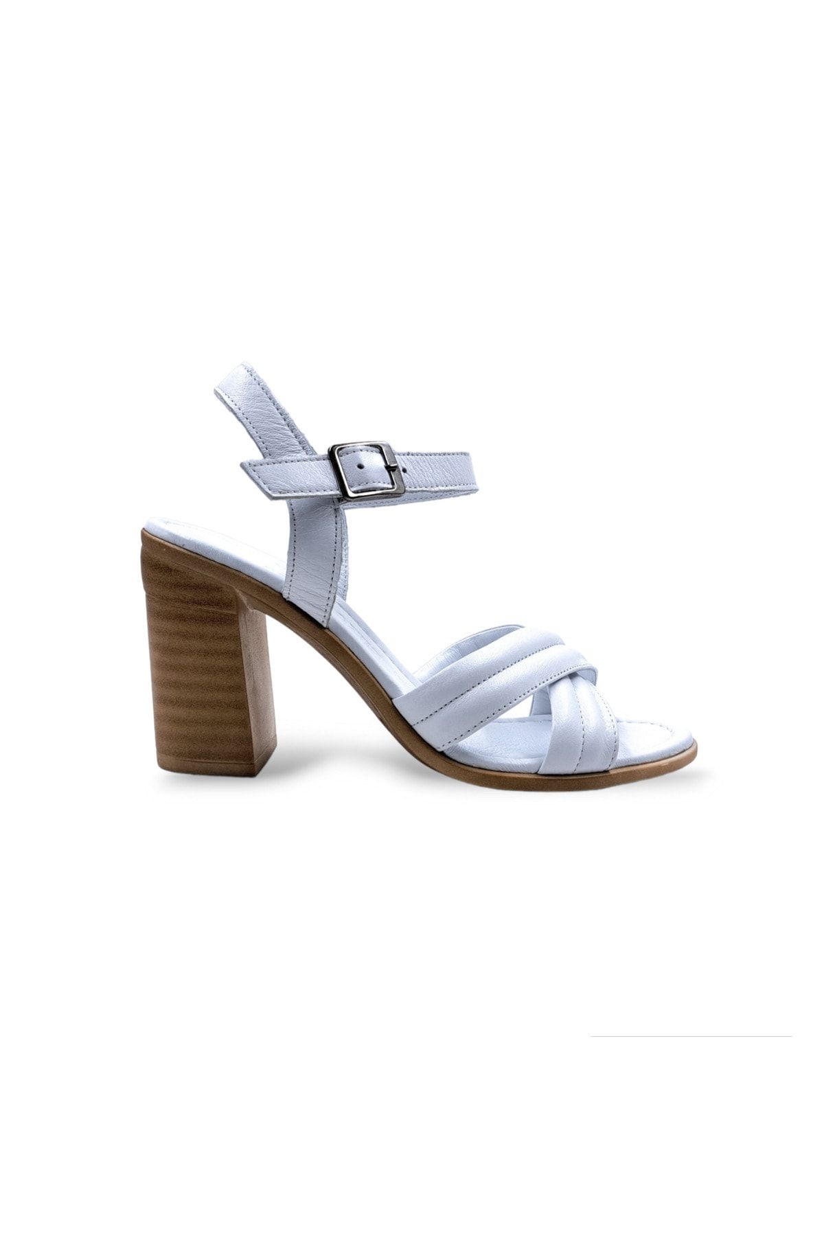 Bulldozer Hakiki Deri Kadın Topuklu Beyaz Sandalet Ayakkabı