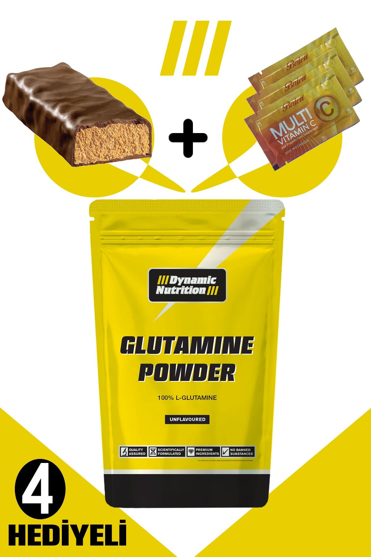 Dynamic Nutrition Dynamic Glutamine Powder (Saf %100 L-Glutamin) 200g-40 Porsiyon+4 Hediye(Protein Bar+3 Multi C Saşe)