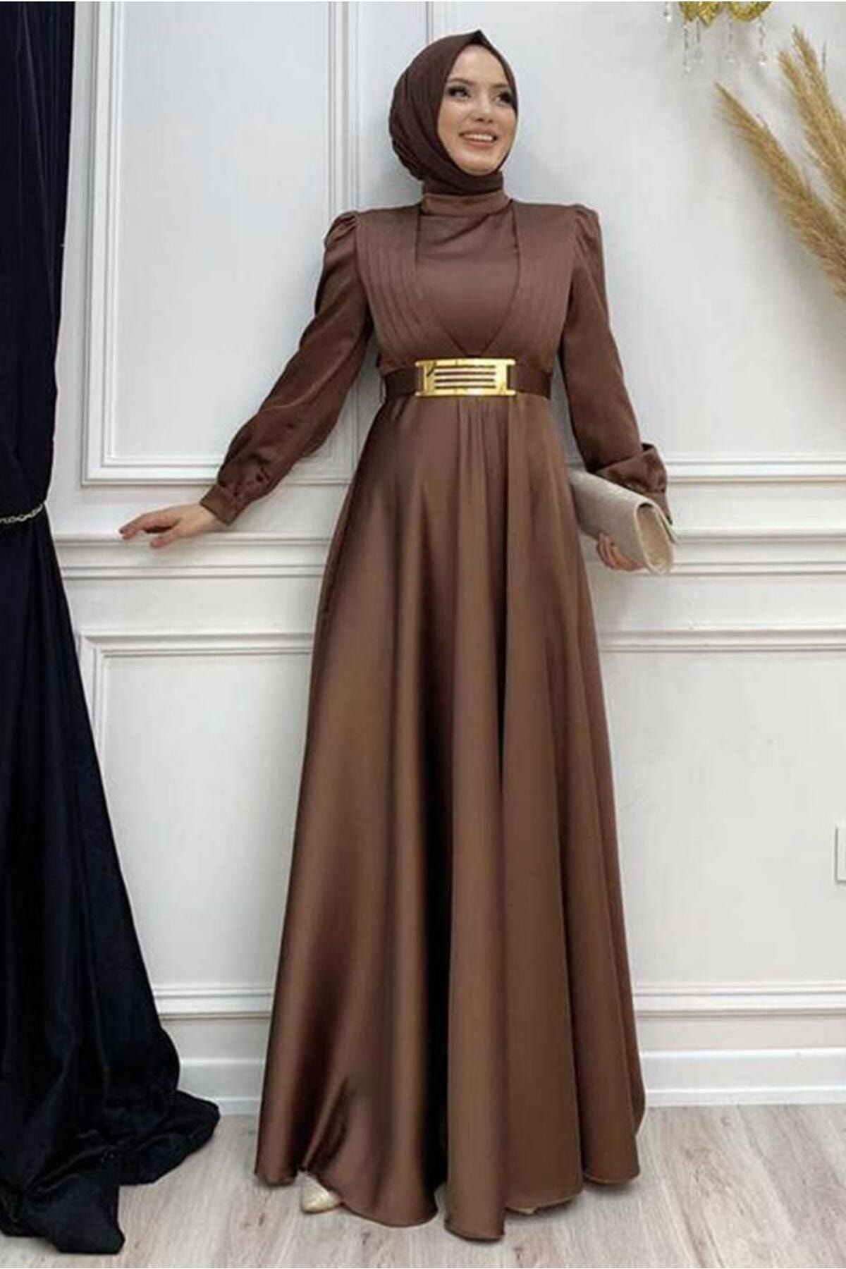 TRENDTESETTÜR Kadın Kahve Kemerli Drape Detaylı Saten Abiye Elbise T 2973