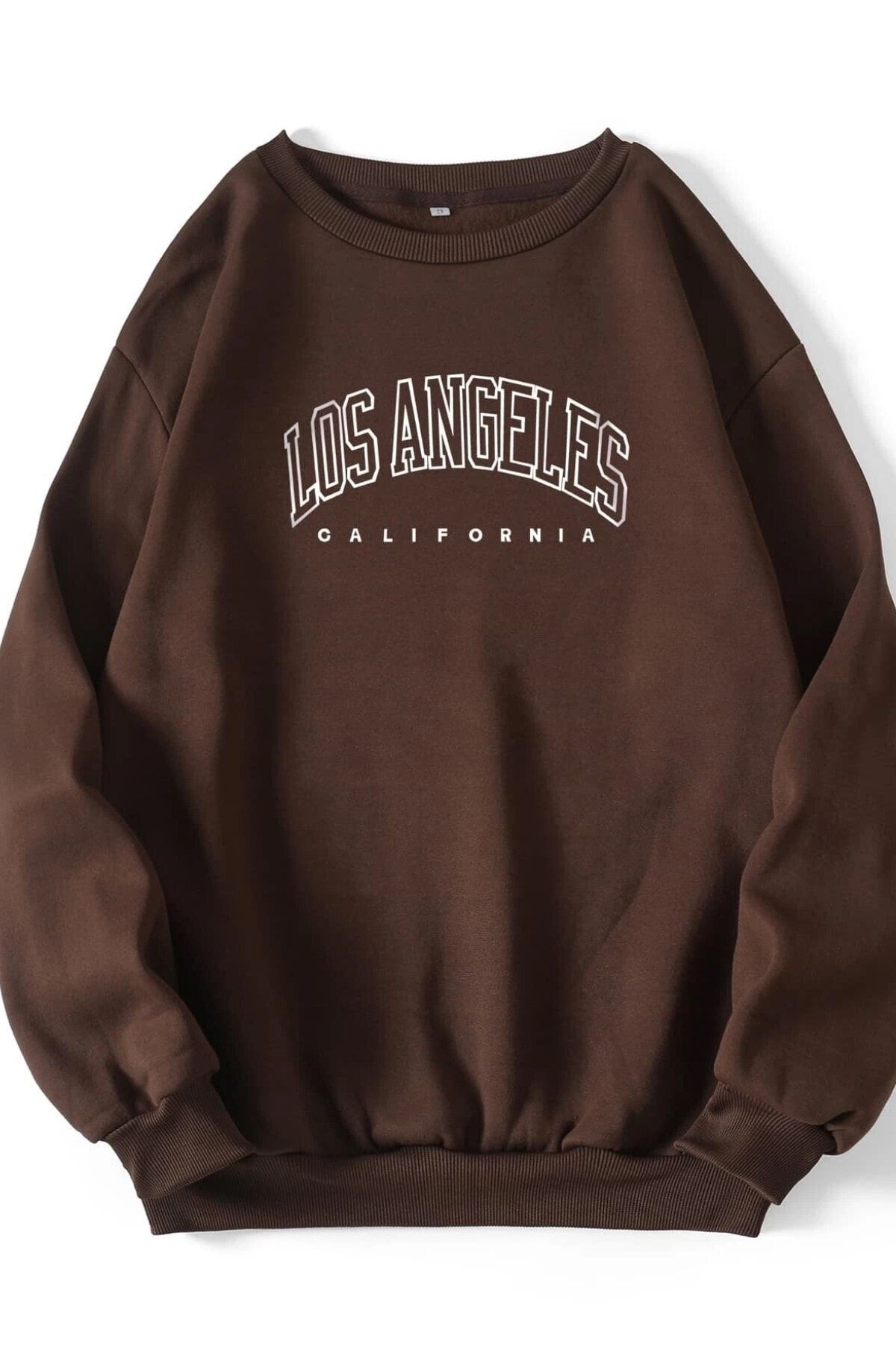MODAGEN Unisex Kahverengi Los Angeles Baskılı Bisiklet Yaka Oversize Sweatshirt