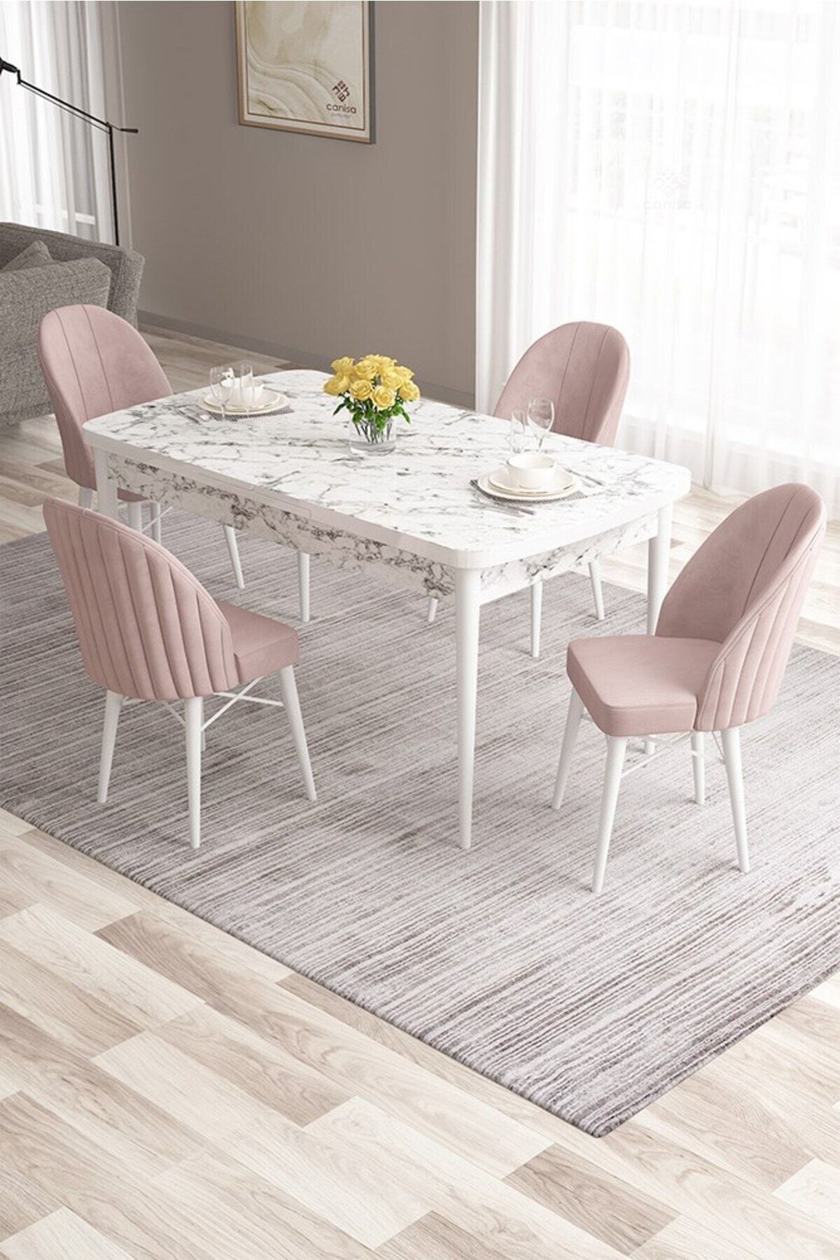 Canisa Ves Serisi 80x132 Mdf Açılabilir Beyaz Mermer Desen Mutfak Masası 4 Pembe Sandalye