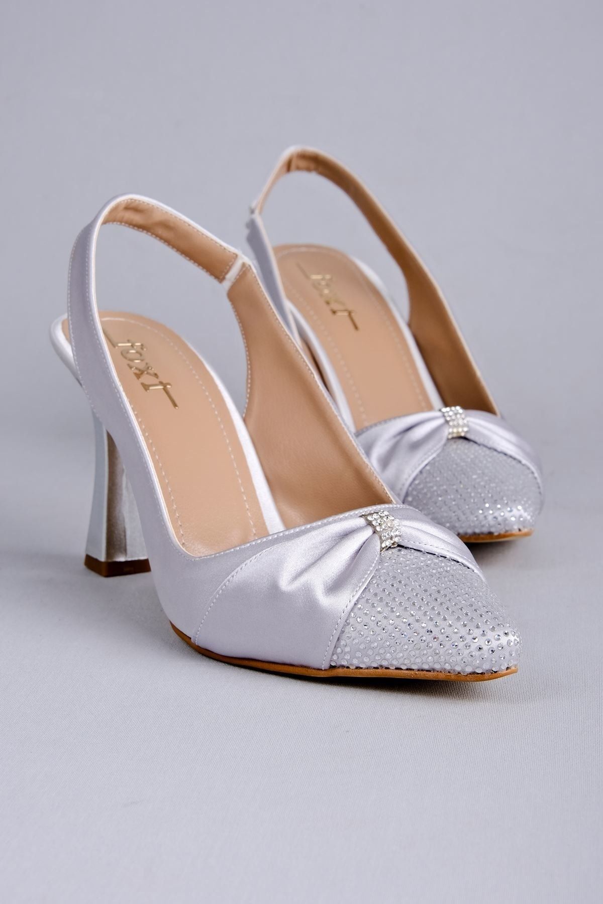 LAL SHOES & BAGS Kadın Topuklu Ayakkabı Kurdela-Ön Kısmı Taşlı-Gri