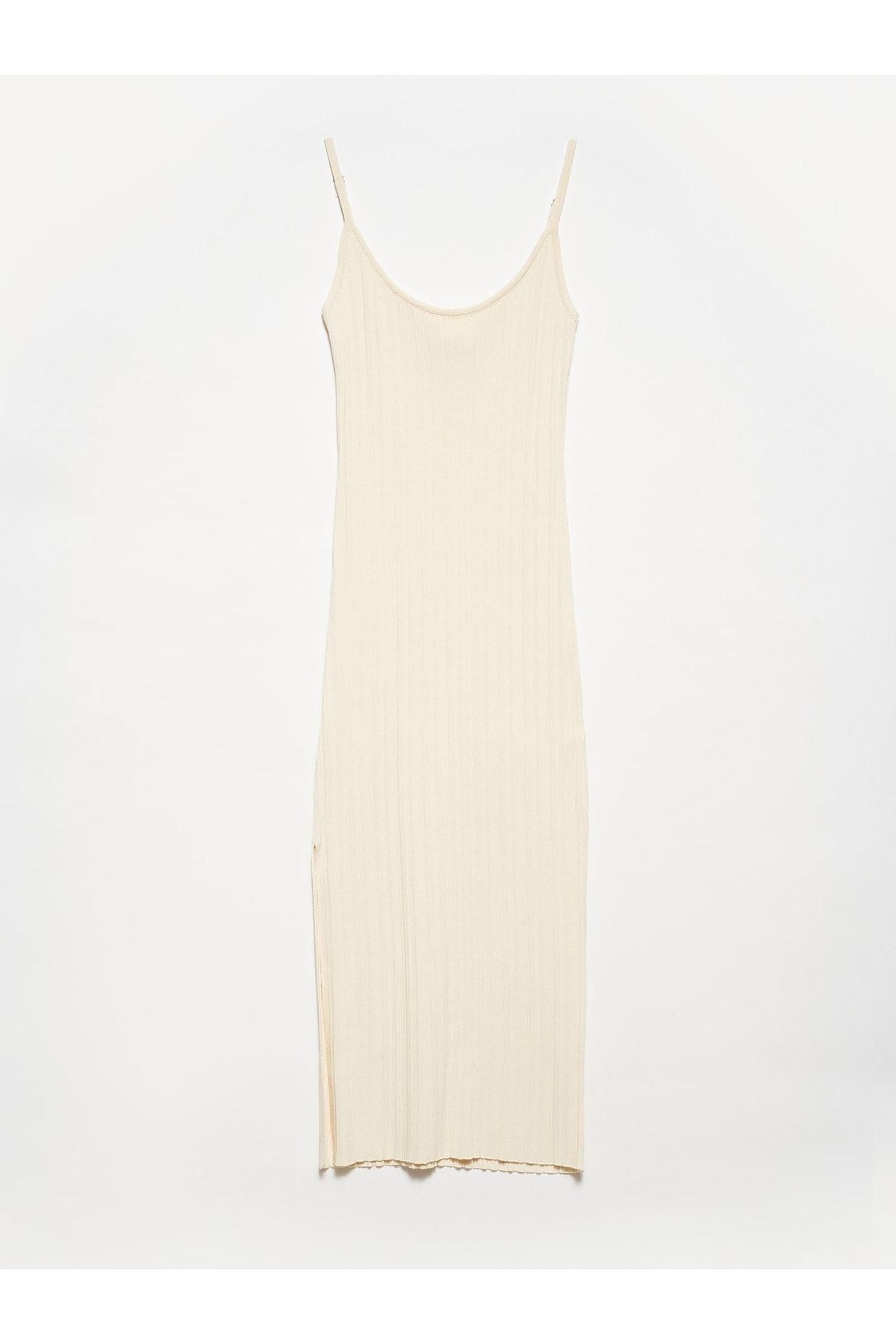 Dilvin 90139 Yırtmaçlı Askılı Triko Elbise-Natural