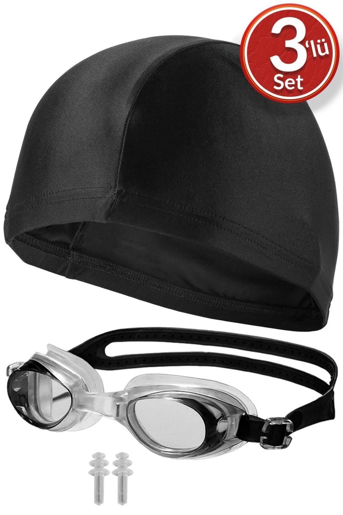 Telvesse 3lü Set Yüzücü Gözlüğü Kumaş Bone Kulak Tıkaçlı Set Yüzme Havuz Deniz Gözlüğü Siyah