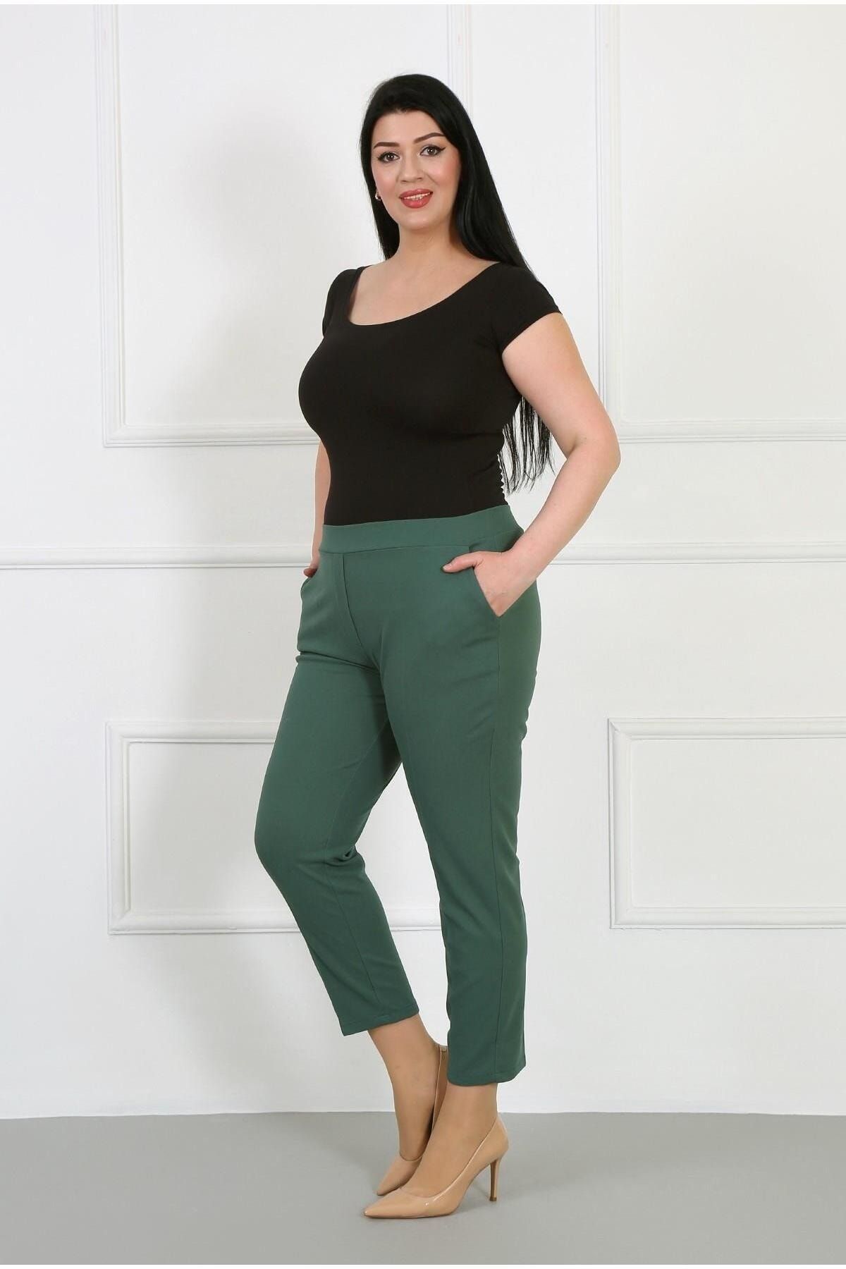 By Alba Collection Kadın Zümrüt Yeşili Beli Full Lastikli Likralı Scuba Crep Dar Paça Büyük Pantolon