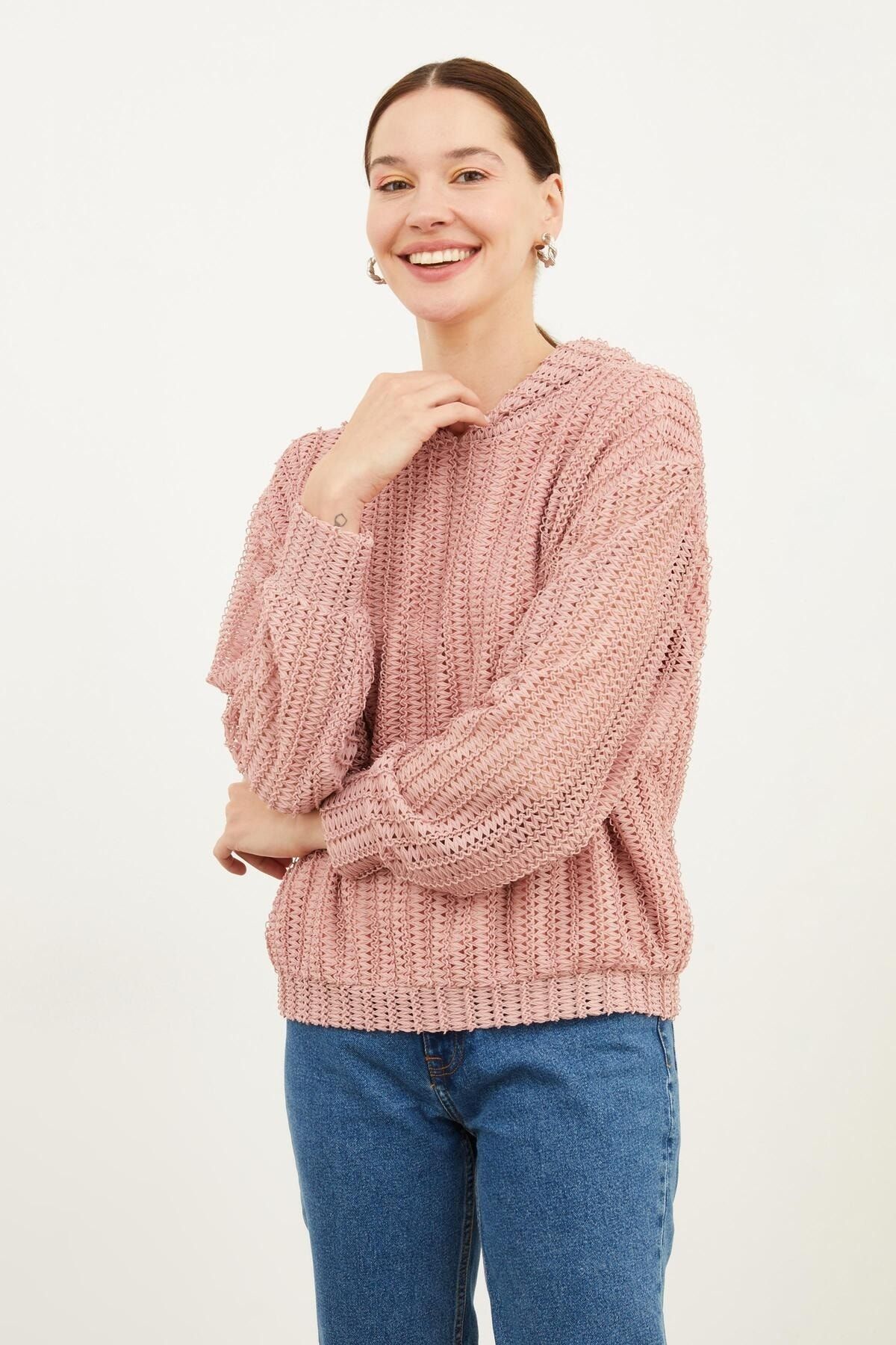 Hanna's Kadın Kapüşonlu Oversize Ajurlu Örme Kumaş Düz Renk İçi Astarlı Uzun Kollu Sweatshirt