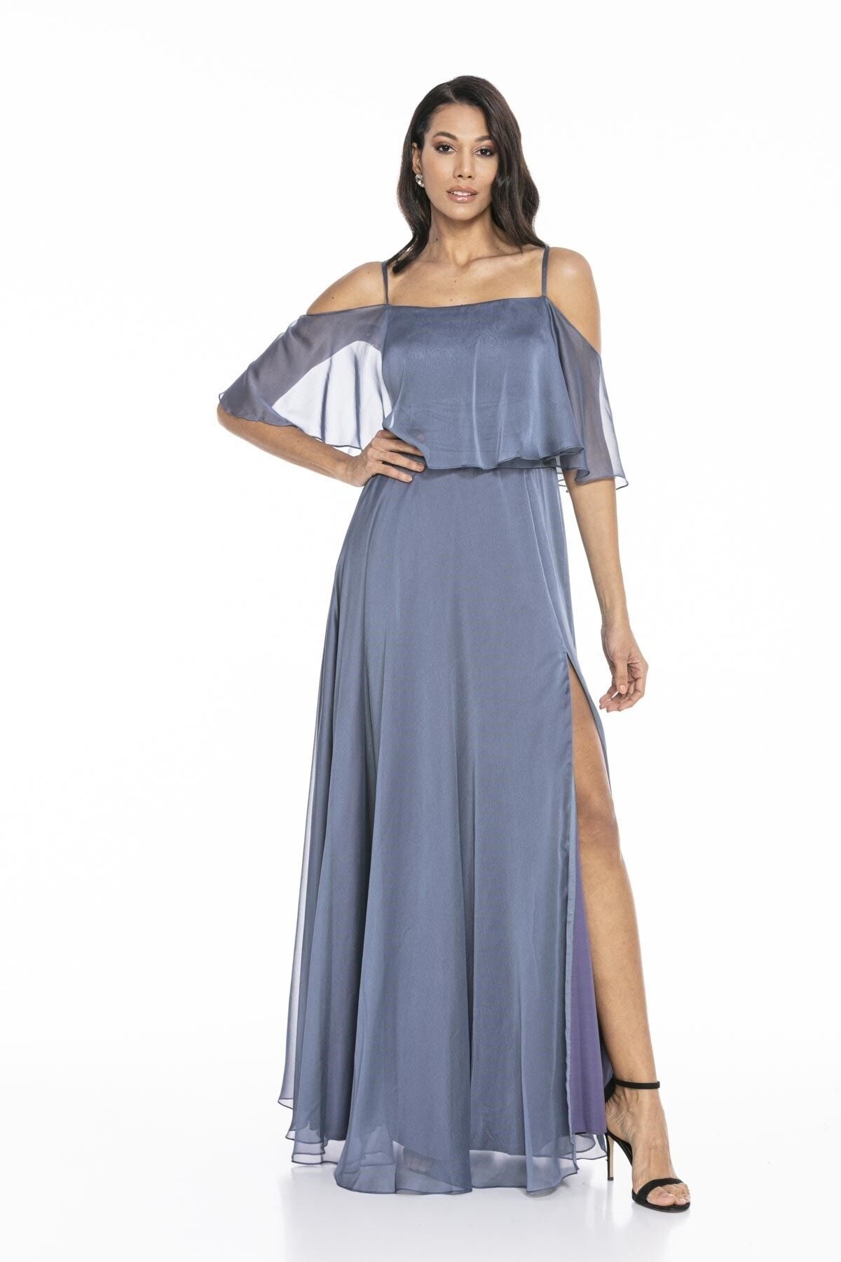 Abiye Sarayı Kadın Mavi Askılı Yırtmaç Detaylı Şifon Elbise